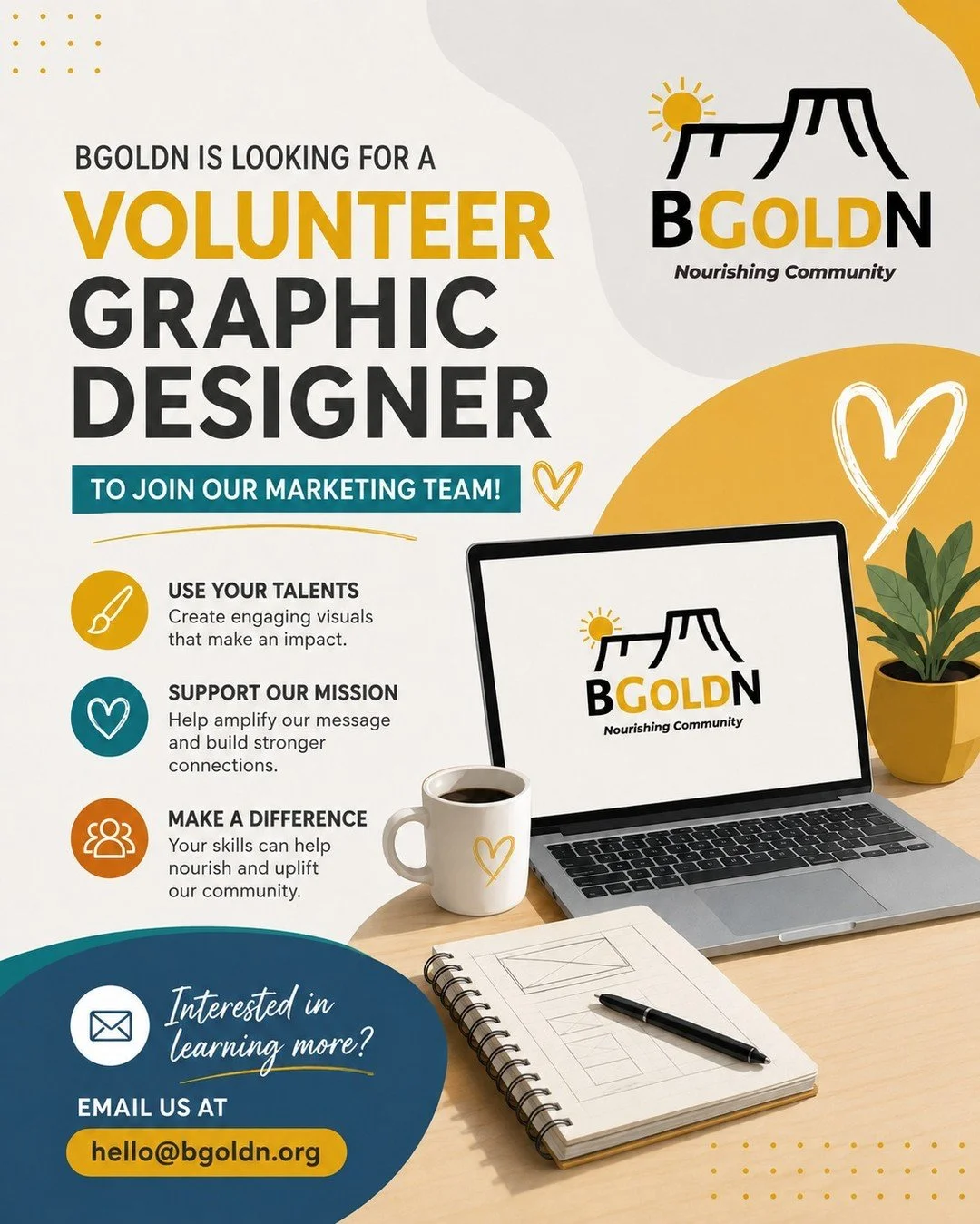 BGOLDN is looking for a volunteer graphic designer to join our Marketing Team! If you have a background in graphic design, are a Canva expert, and enjoy helping create engaging communications that support our mission, we&rsquo;d love to connect. 

🙋