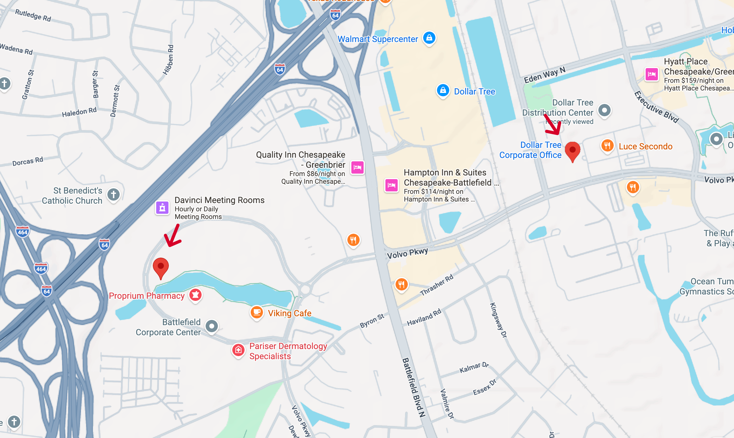 Map showing the proximity of Dollar Tree headquarters to Distinct Sales & Marketing