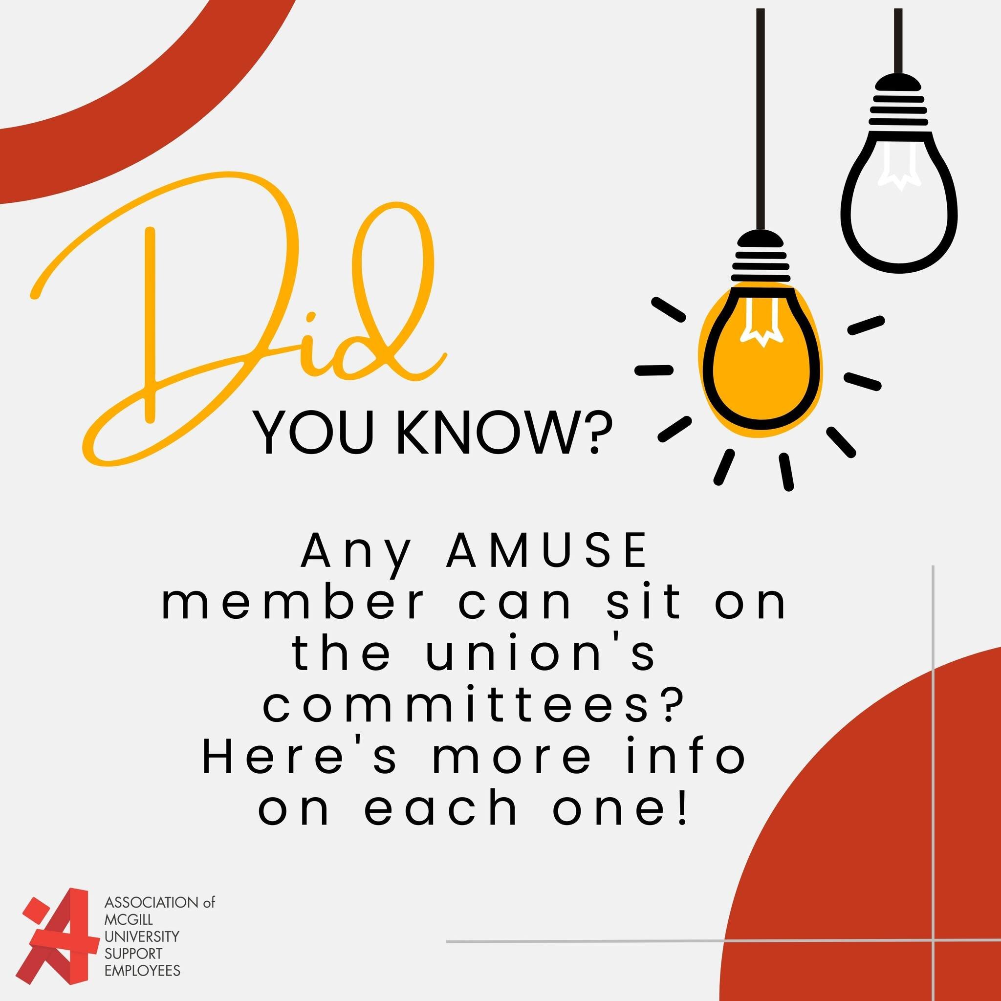 AMUSE Committees! Did you know? 
(La version fran&ccedil;aise dans un post s&eacute;par&eacute;)

Any AMUSE member can sit on the union's committees? Here's more info on each one!

Maybe you've wanted to get involved but don't have the capacity to co