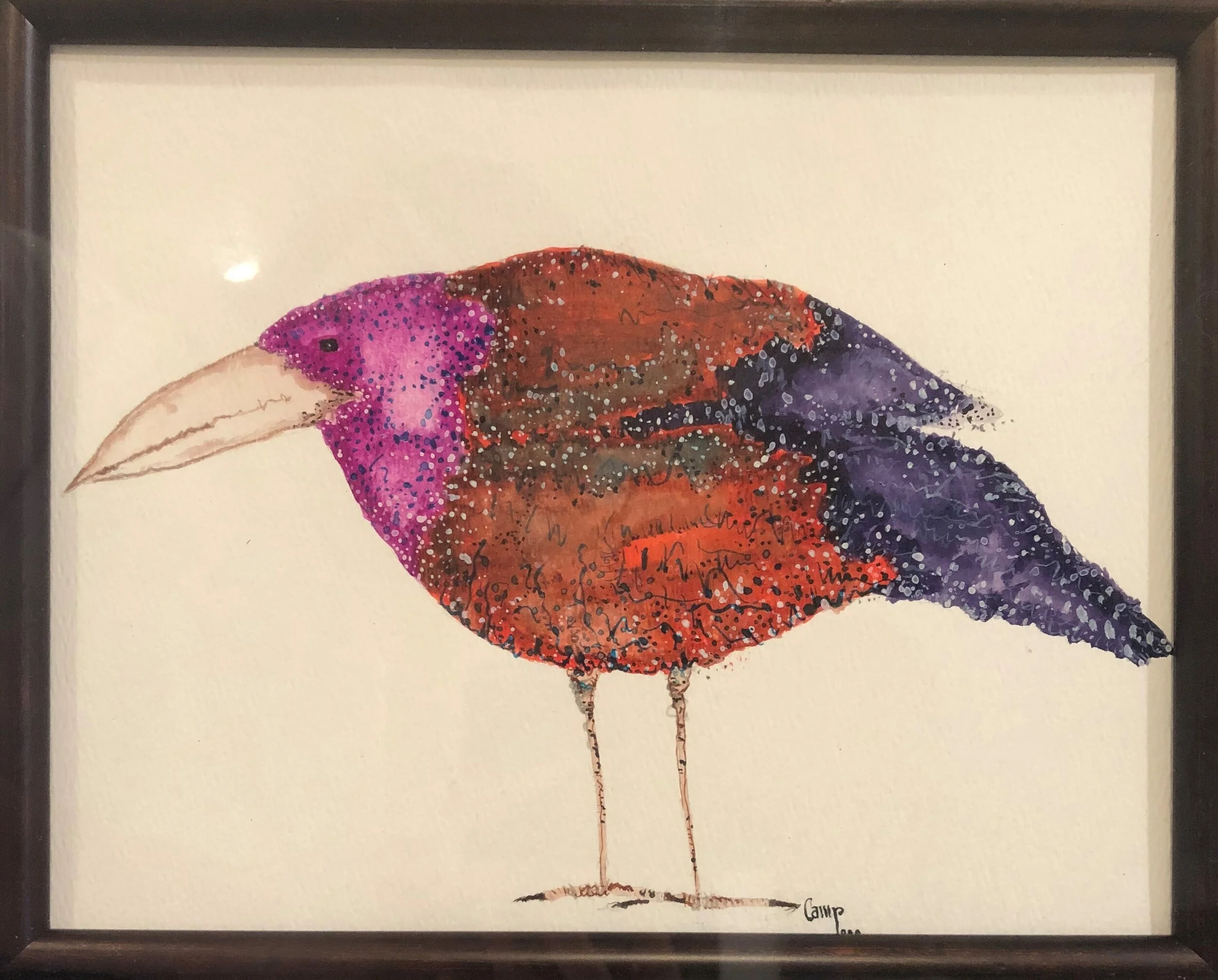 "The Bird" / 19x16 Framed $185
9x11 Unframed $160
Acrylic- Ink- On Watercolor Paper