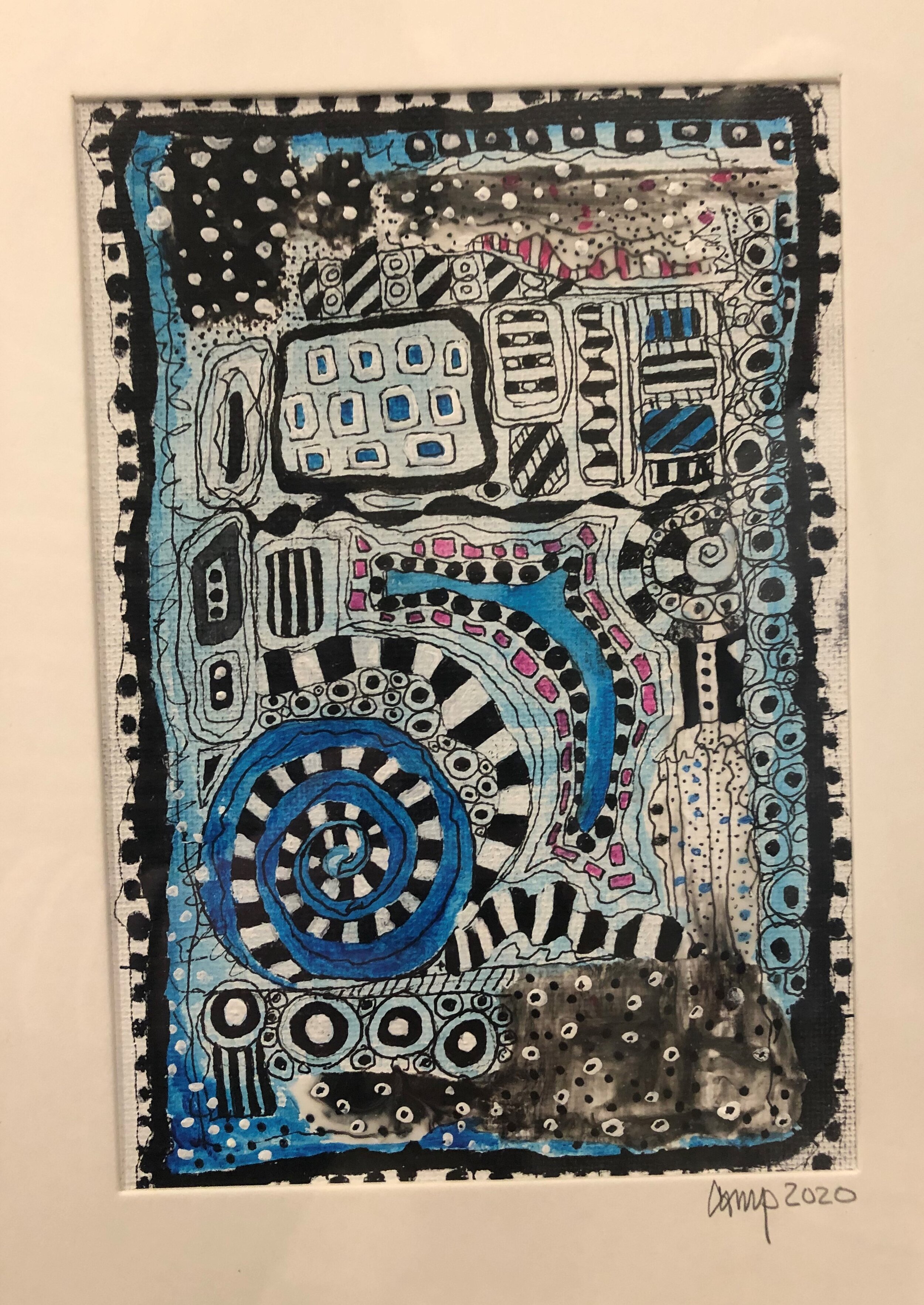 "Blue Confusion" 9.5 x 11.5 Framed $55/ 5x7 UF   $45 / Pen & Ink, Acrylic