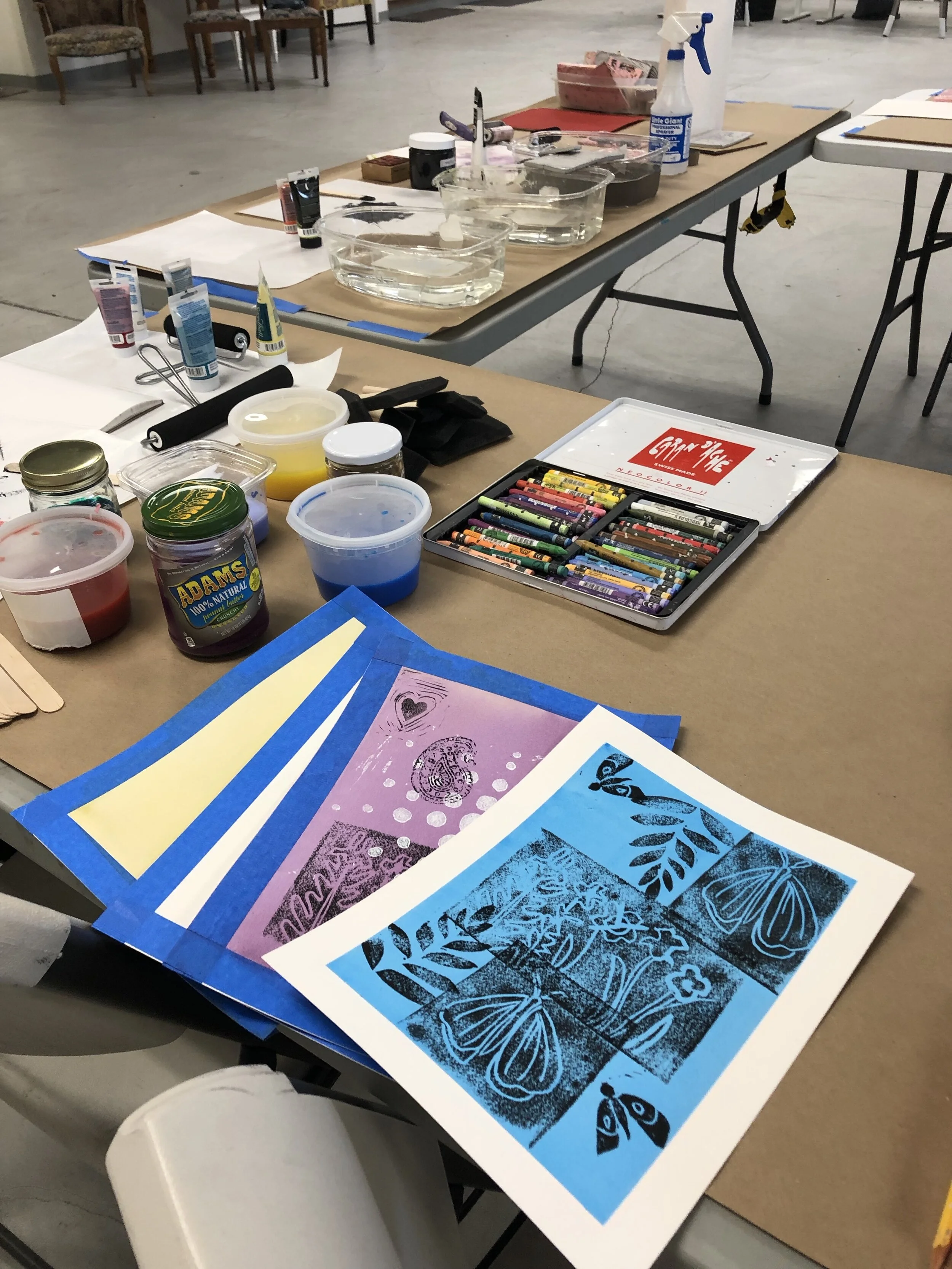 The set up for the block printing workshop