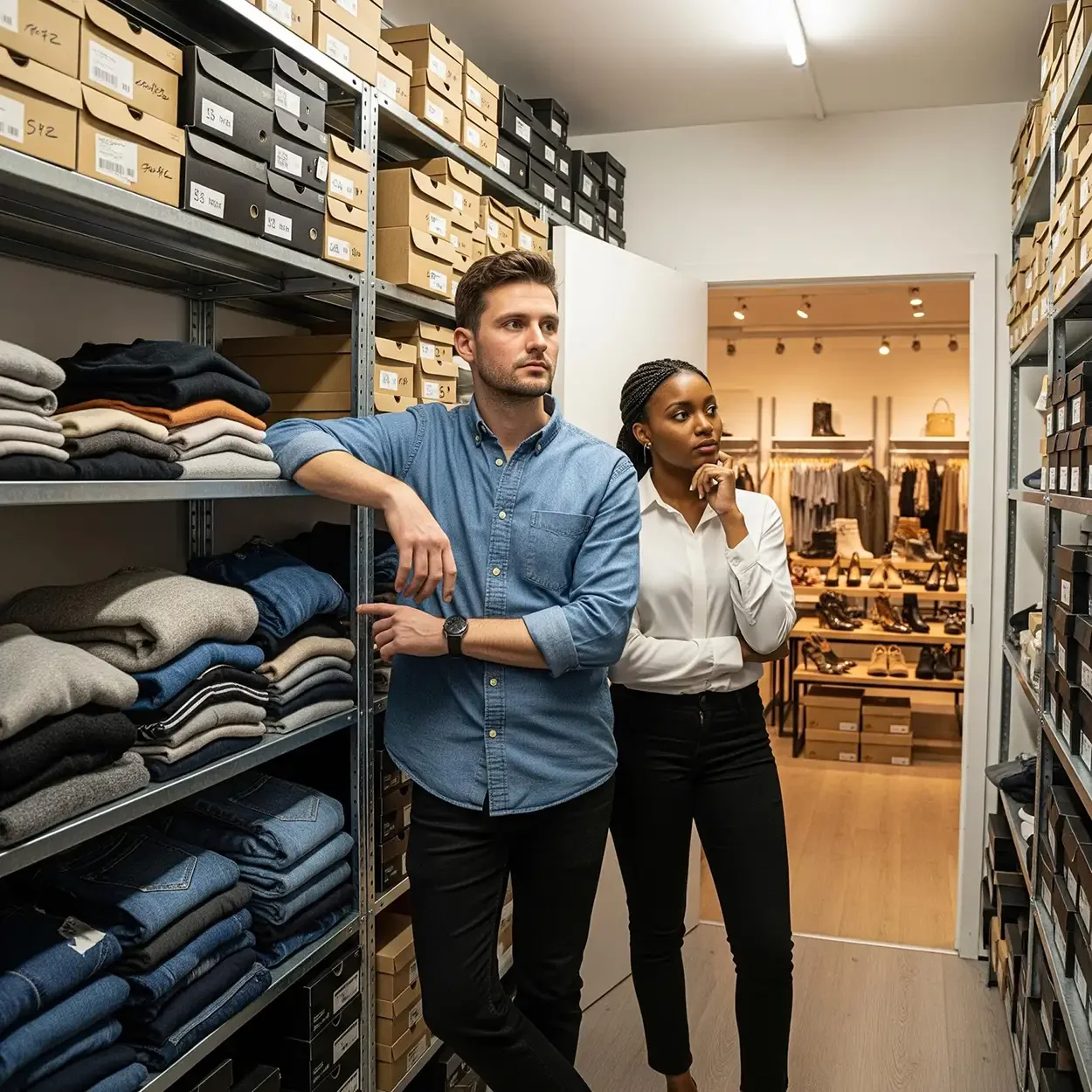 Retail business owners standing in the stock room in their boutique store looking at shelves of inventory.