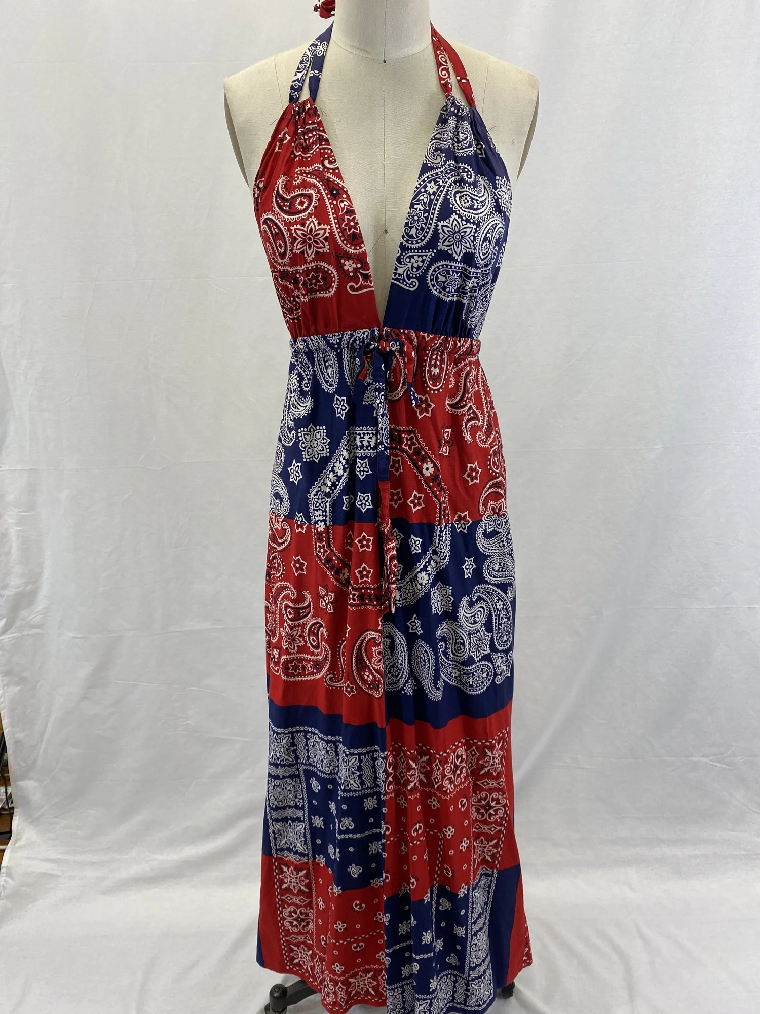 Women's 1970's Red & Navy Bandana Halter Maxi Dress  Alias Costume Rental