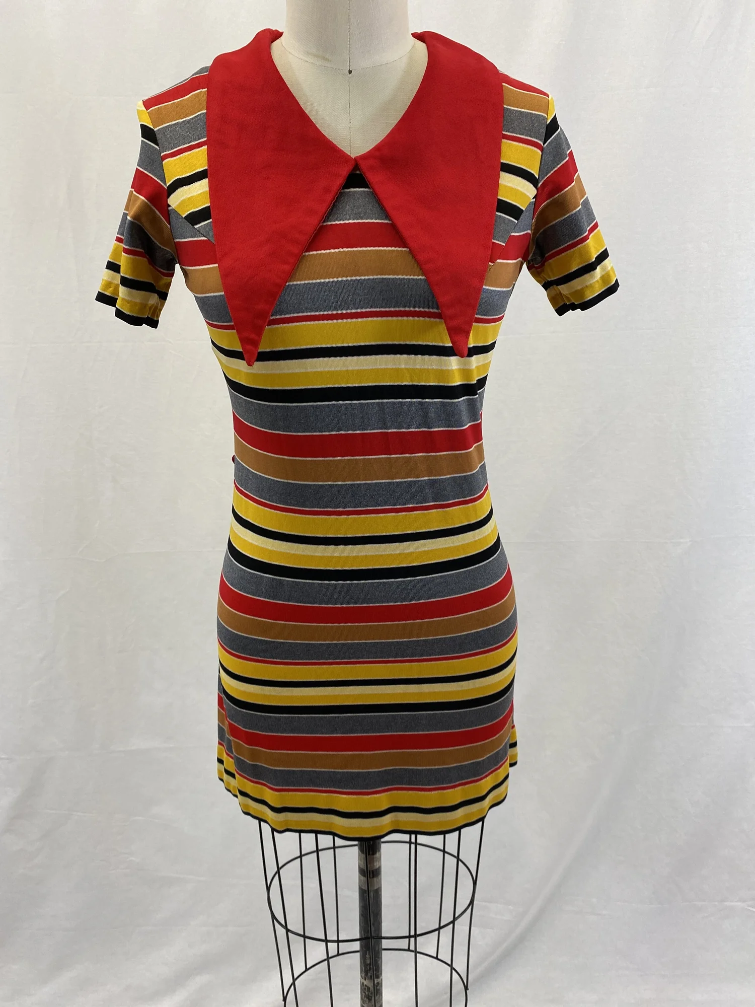 Women's 1970's Yellow, Red & Black Striped Mini Dress  Alias Costume Rental