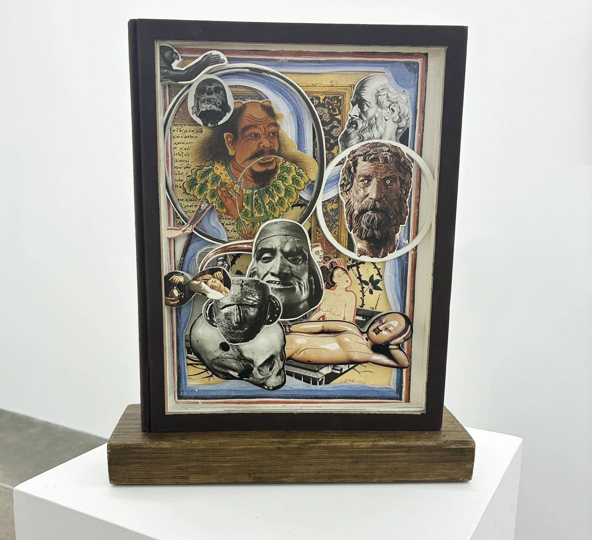 James Allen 
 Medecine #2 , 2025 
book excavation with wood stand 
15.75 x 12.5 x 4 in (40 x 31.8 x 10.2 cm) 
IN10808