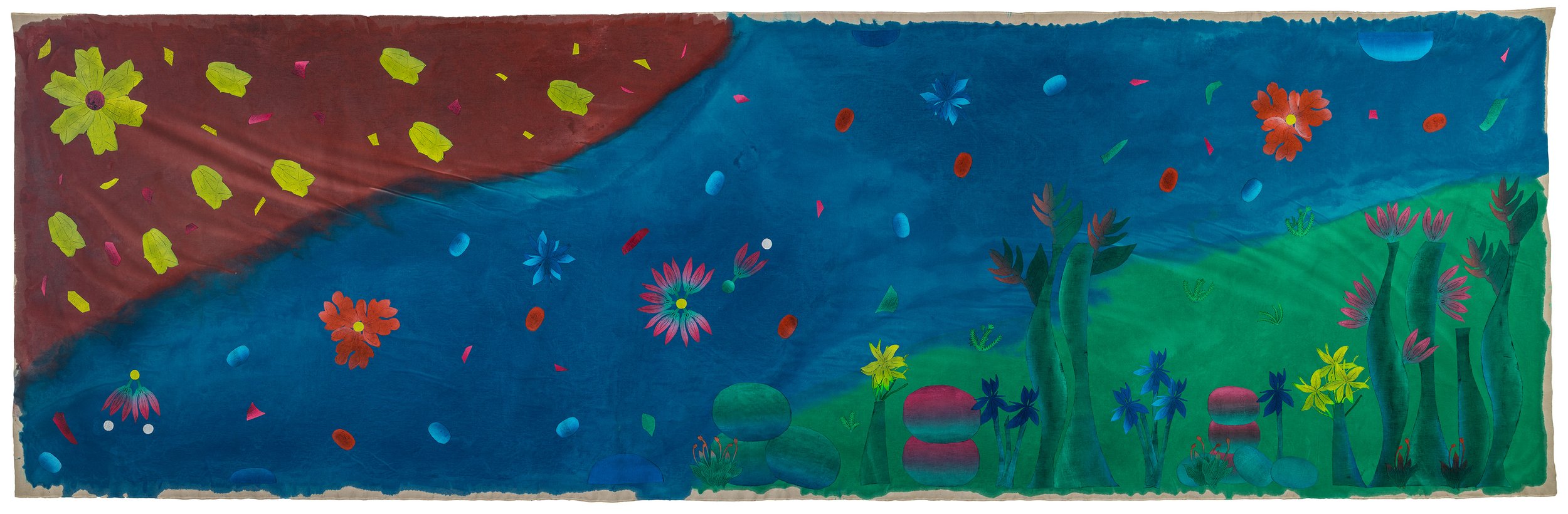 Yanira Vissepo 
 Water Meadow , 2025 
Acrylic, oil relief, embroidery on linen 
72 x 216 in (182.9 x 548.6 cm)