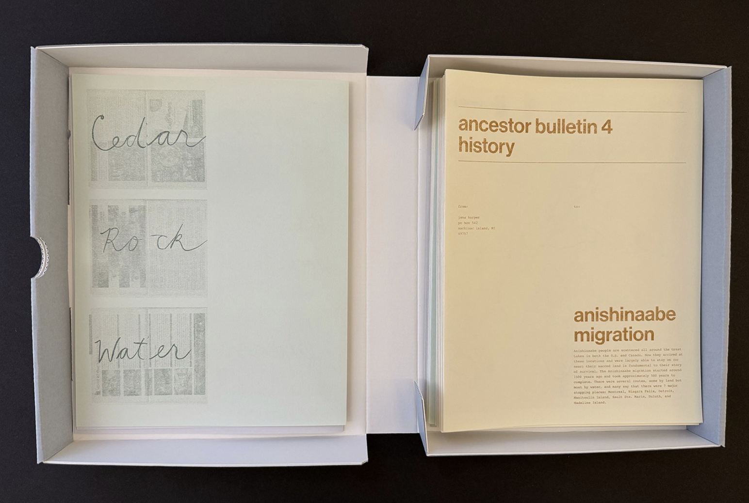 Jana Harper 
 Ancestor Bulletin 1-39  
Special Edition 
Boxed set of individual risograph printed Bulletins 
silkscreen cover and colophon, edition of 25