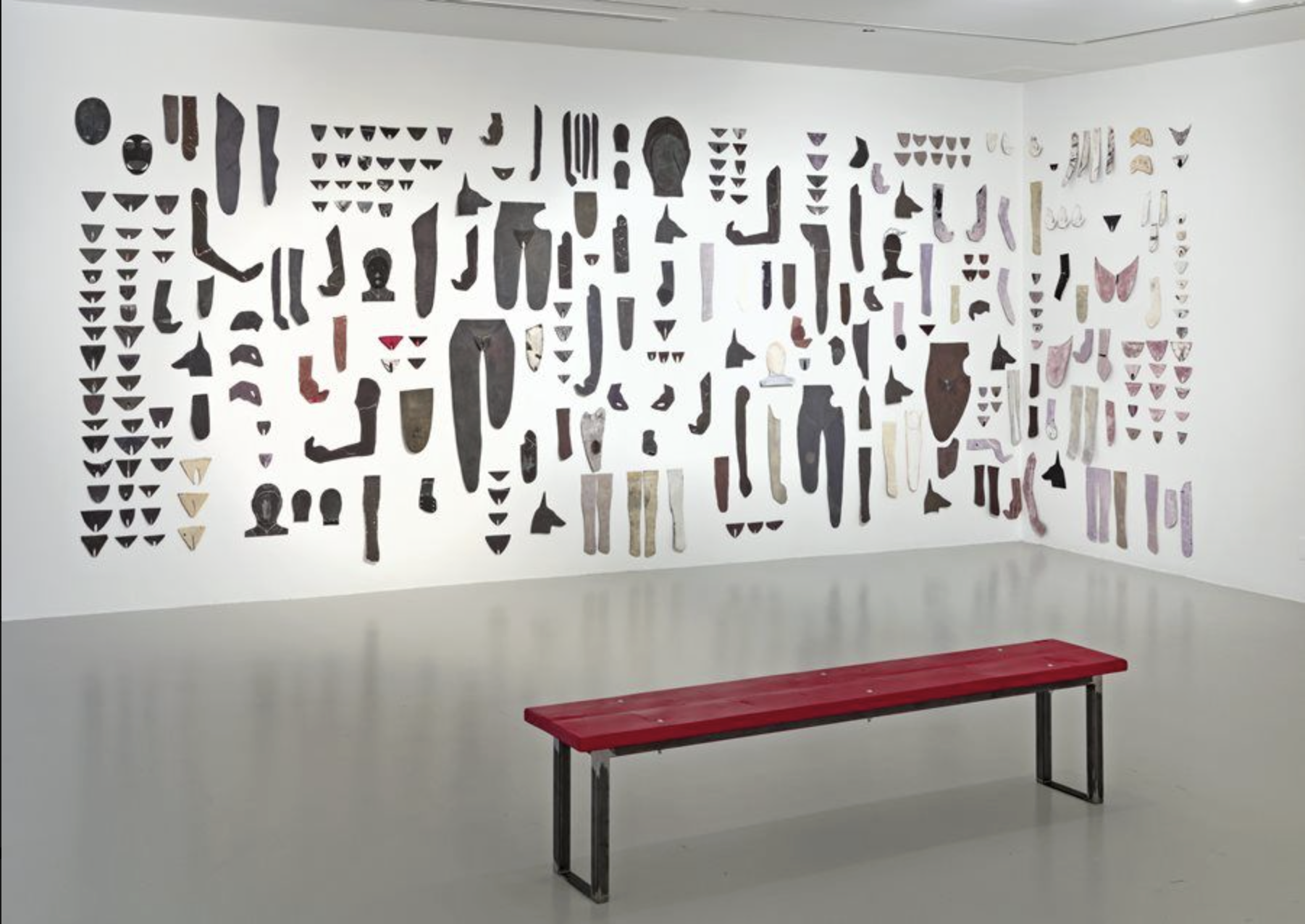 Alicia Henry 
 Untitled (fragments) , 2019 
Acrylic, graphite, pastel, colored pencil, crayon, felt, thread, yarn, paper, and cotton in 300 parts 
103 x 284 in. approx. 
Installation image  Alicia Henry: Witnessing , Power Plant Toronto, 2019