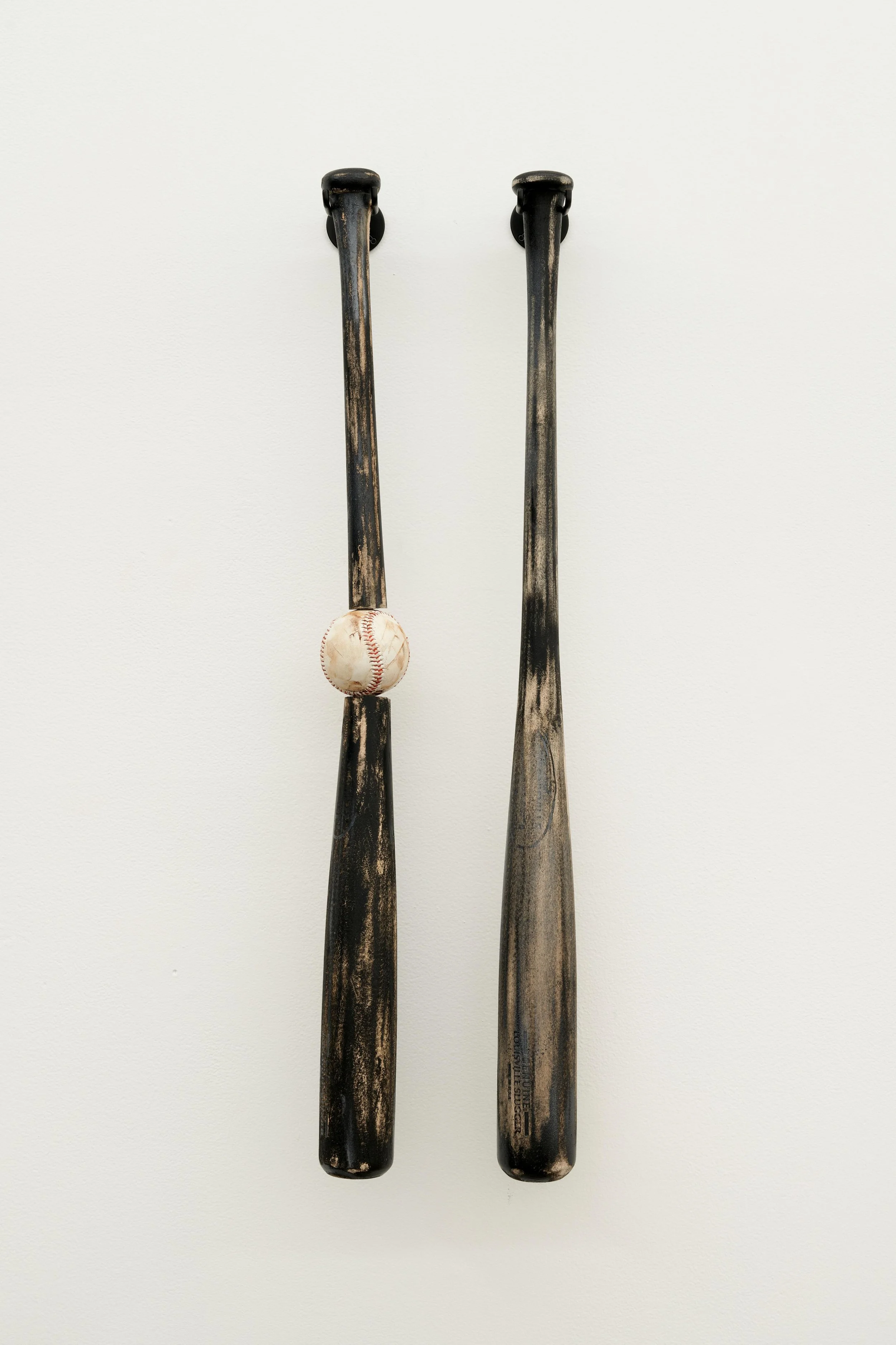 Jiwoong Jang 
 Sleep Field , 2025 
Baseball bats, baseball, wall mount display stands, spray paint, rust water 
5 x 33 x 3 in (12.7 x 83.8 x 7.6 cm) 
IN11967