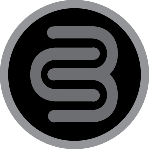 Gray circular emblem with a stylized letters "C" and "B" on a black background