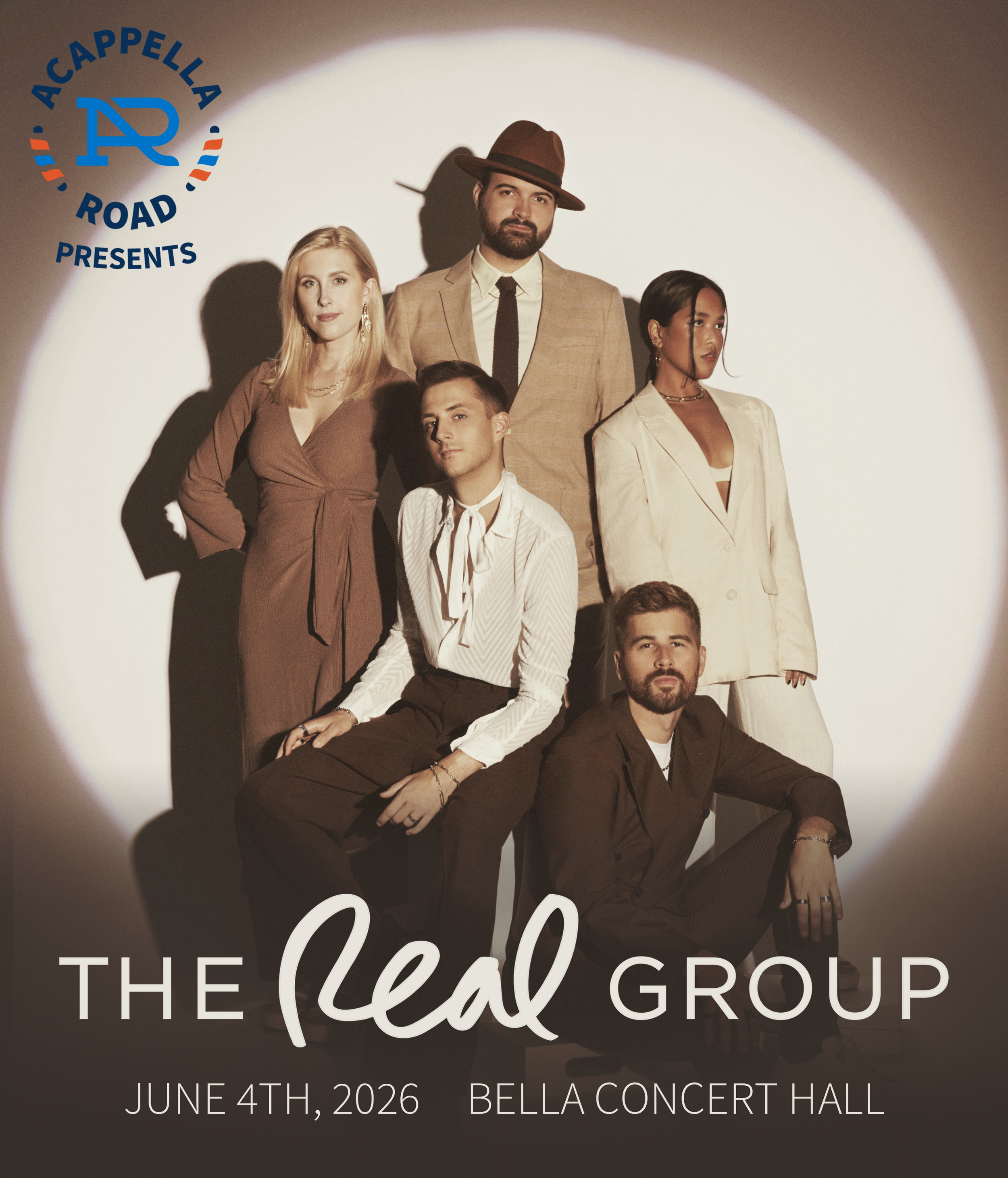 Concert poster for Acappella Road Presents: The Real Group in Calgary, on June 4th, 2026 at the Bella Concert Hall. The five members of The Real Group are pictured in cream and brown toned outfits in front of a large spotlight.