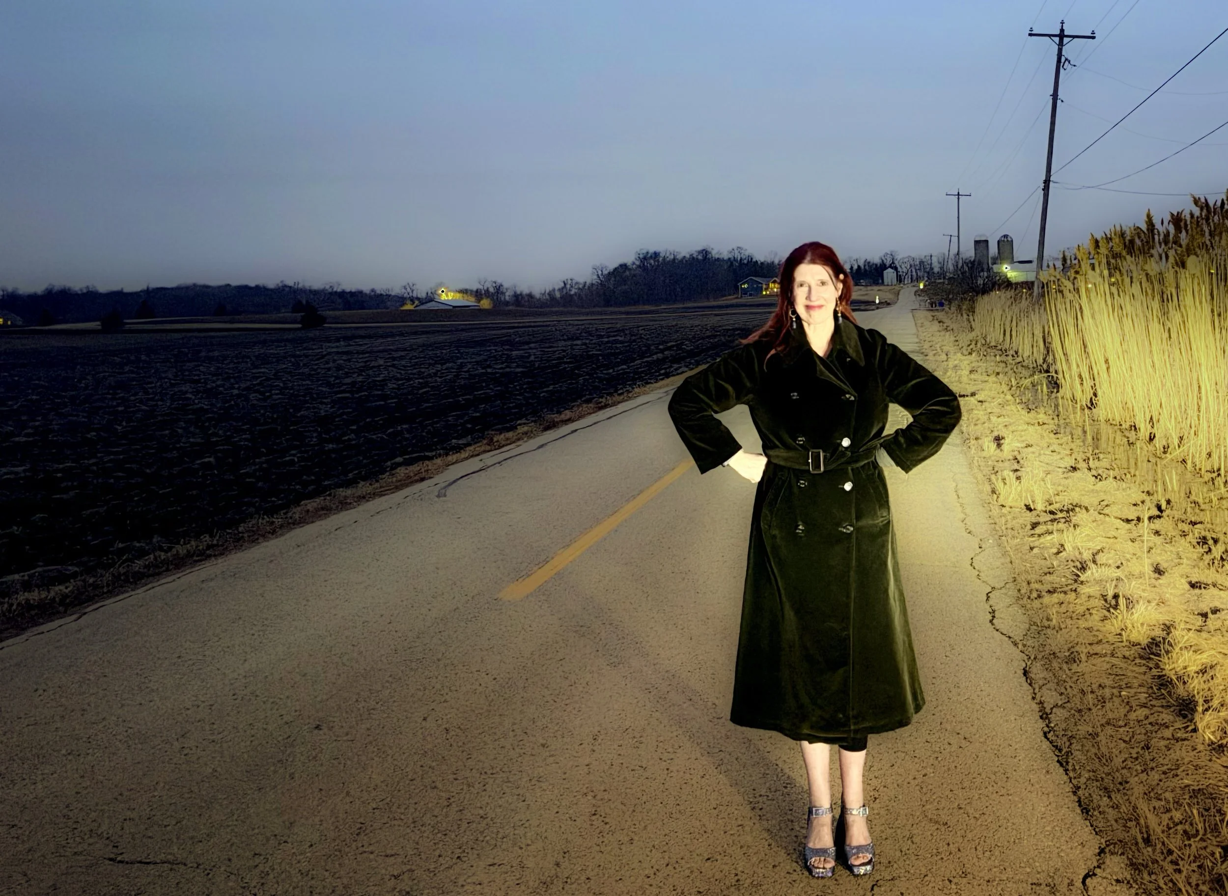 A woman standing on a rural road at dusk, wearing a black coat and high heels, with power poles and farm fields in the background.
