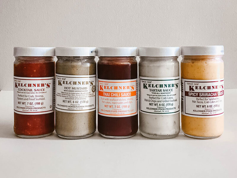 Kelchner's Cocktail sauce, Hot Mustard, Thai Chili Sauce, Tartar Sauce and Spicy Sriracha Sauce