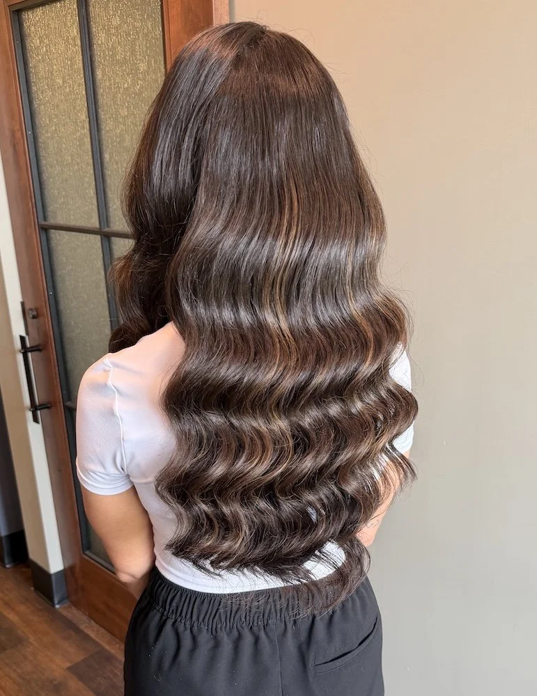 glam waves on long brown hair