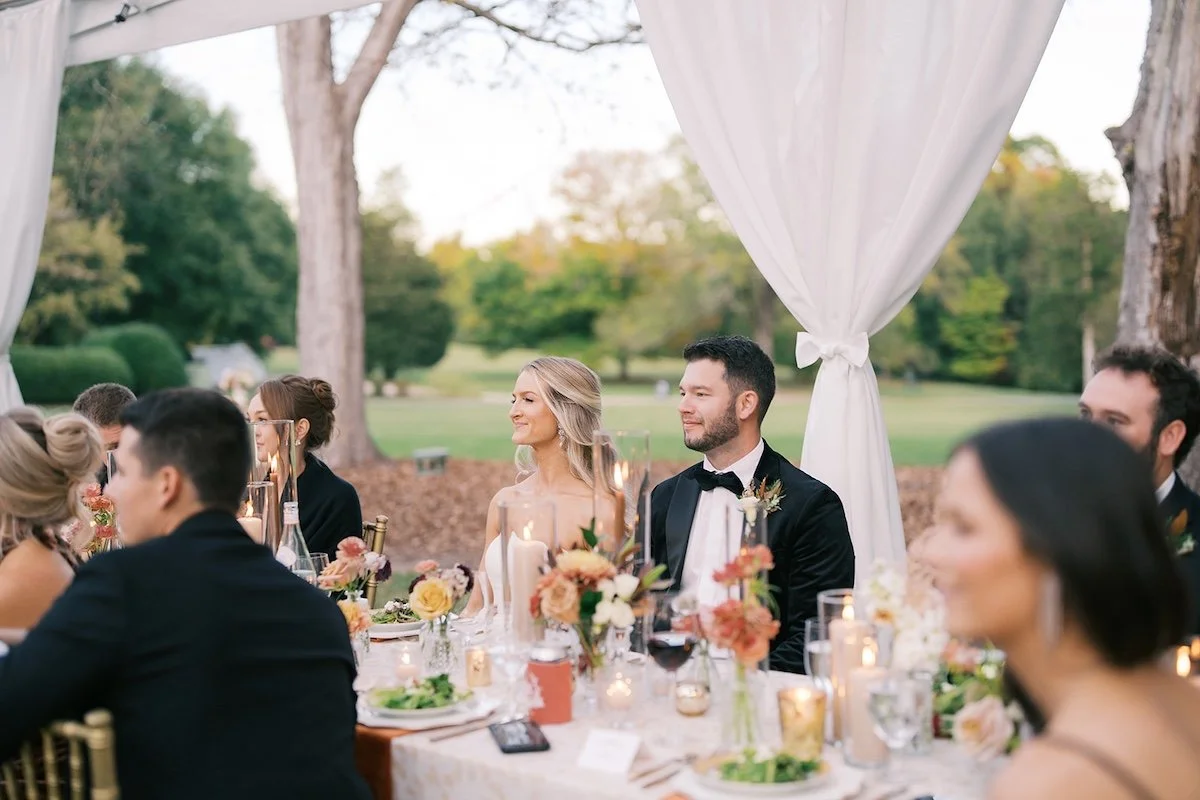 outdoor dinner and reception for a black tie wedding