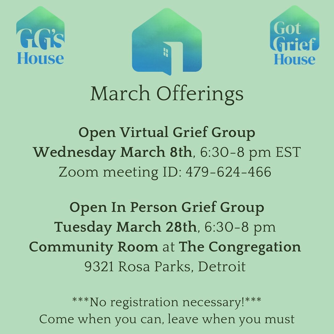 March really crept up on us there&hellip;here we are though!!

Second Wednesday of the month is our online grief group&hellip;which is THIS Wednesday ✨

Fourth Tuesdays are our in person groups at @thecongregationdetroit 
💐 did you know we have bouq