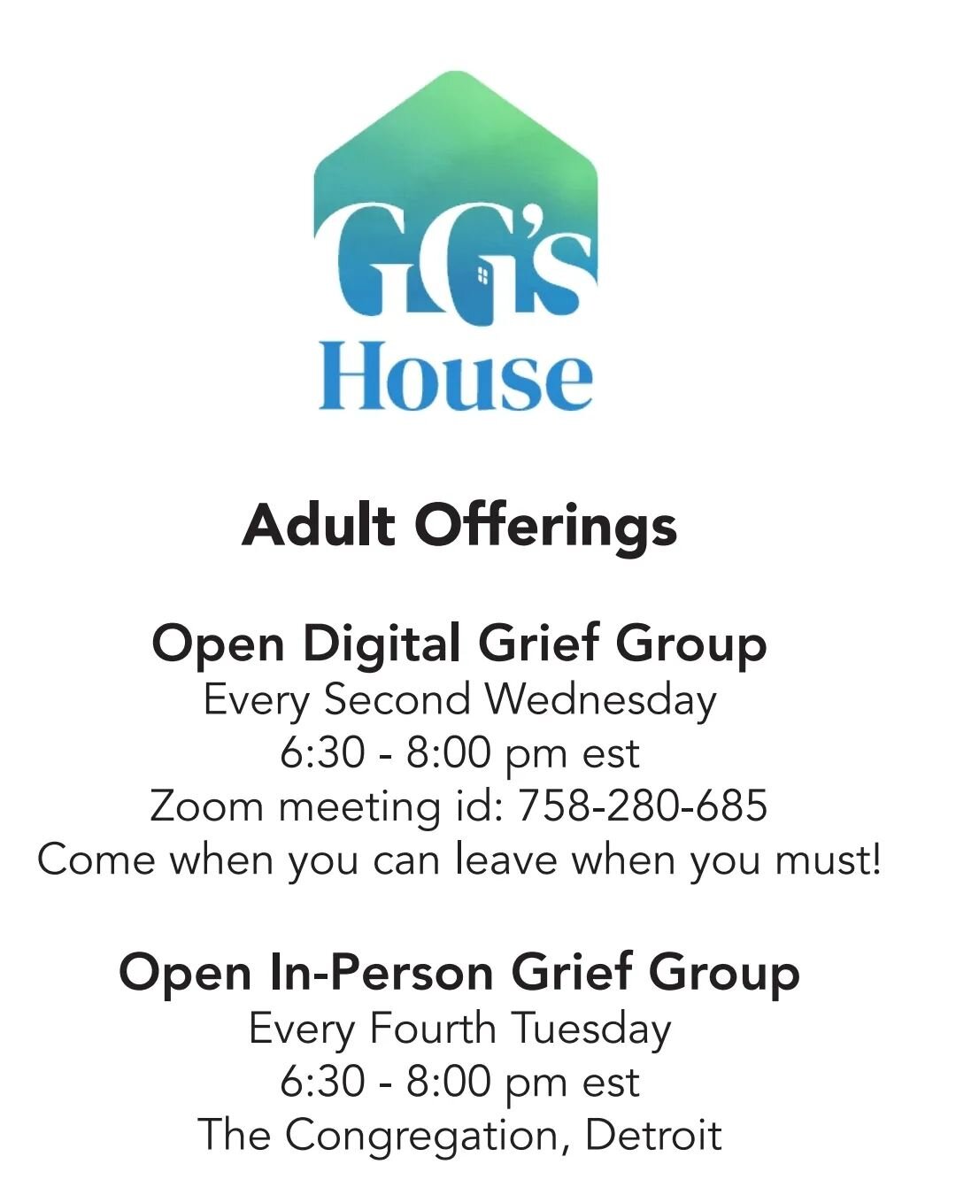 Grief is a natural part of life.
You are not alone in this process.
Join us this evening, as we will have resources and beautiful facilitators to sit and be with.

Come when you can. Leave when you must