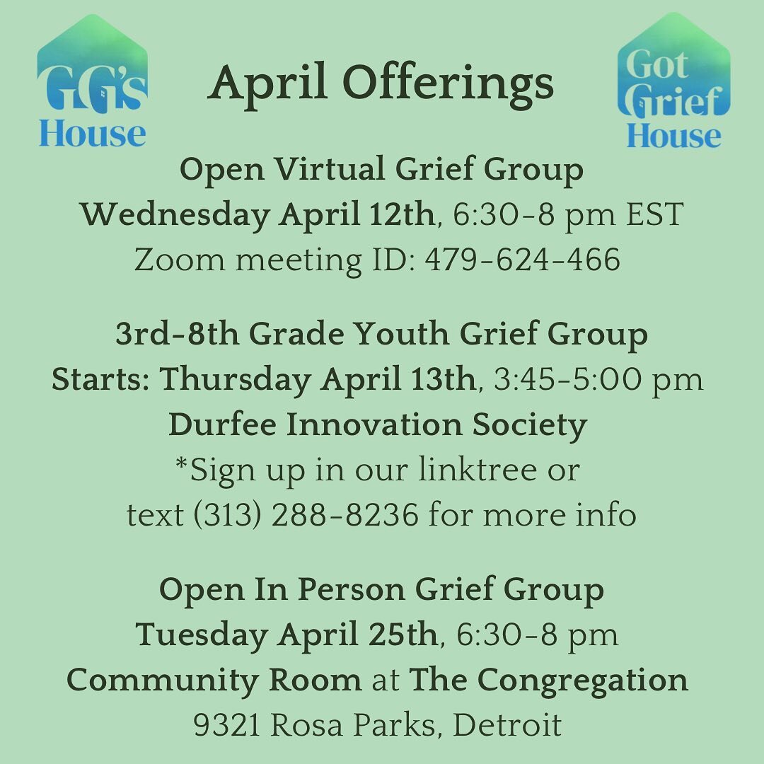 Hey friends::

April is here, so excited for the sun to come back 🌞

Per usual, we have our two free adult grief groups- virtual and in person with 💐 

We also have our youth program which we still have spots for! See the form in our bio 💙

Progra