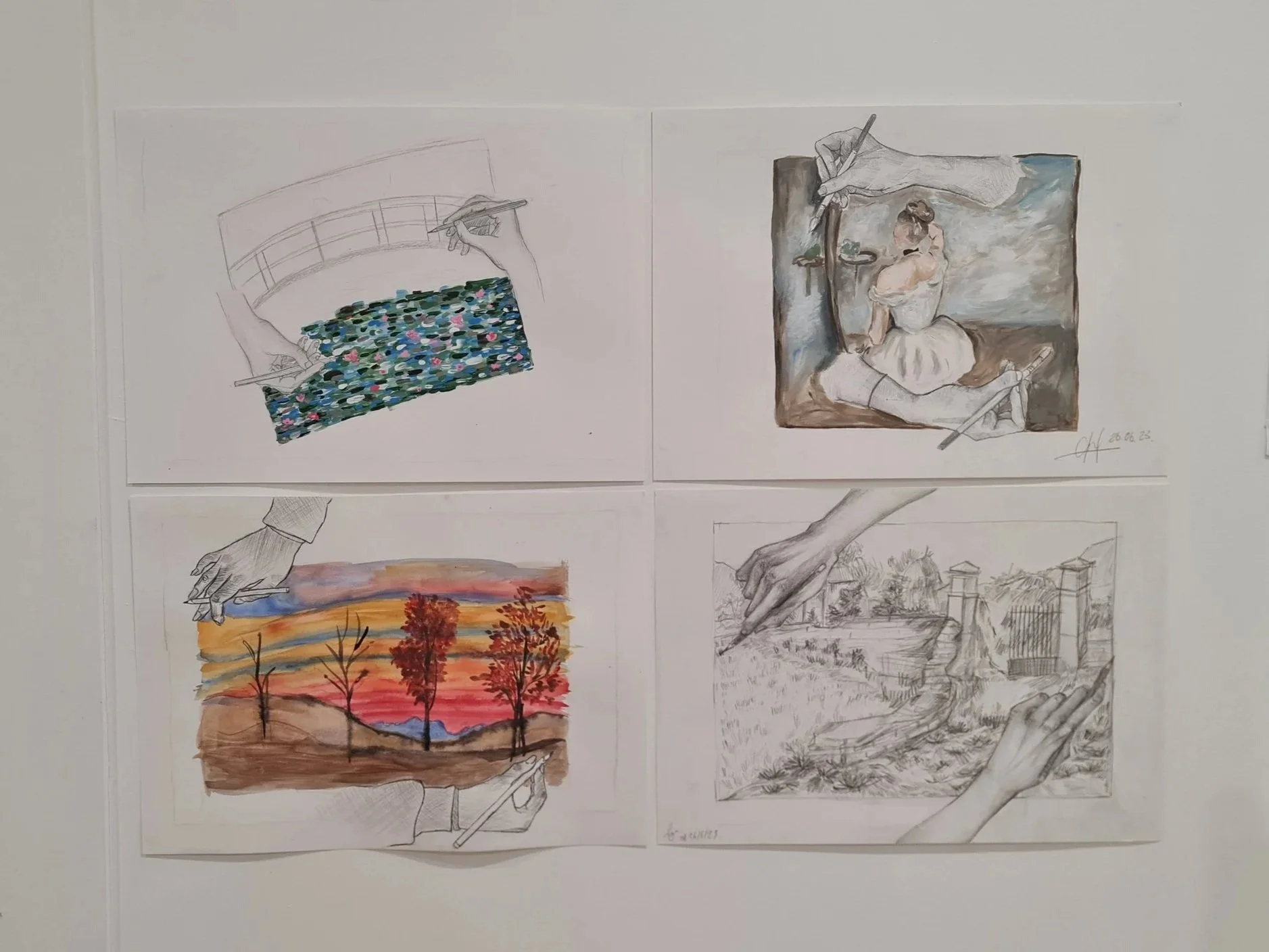 A collection of sketches and paintings, including a hand drawing a pond with water lilies, a woman painting a still life, a sunset landscape with trees, and a black-and-white drawing of hands holding each other.