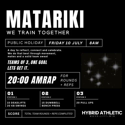 MATARIKI // PUBLIC HOLIDAY // FRIDAY 10 JULY

No better way to kick off the long weekend than with your crew, a tough workout, and a few bragging rights.

This Friday we&rsquo;re running a Teams of 3 AMRAP that&rsquo;ll test your engine, your grip, a