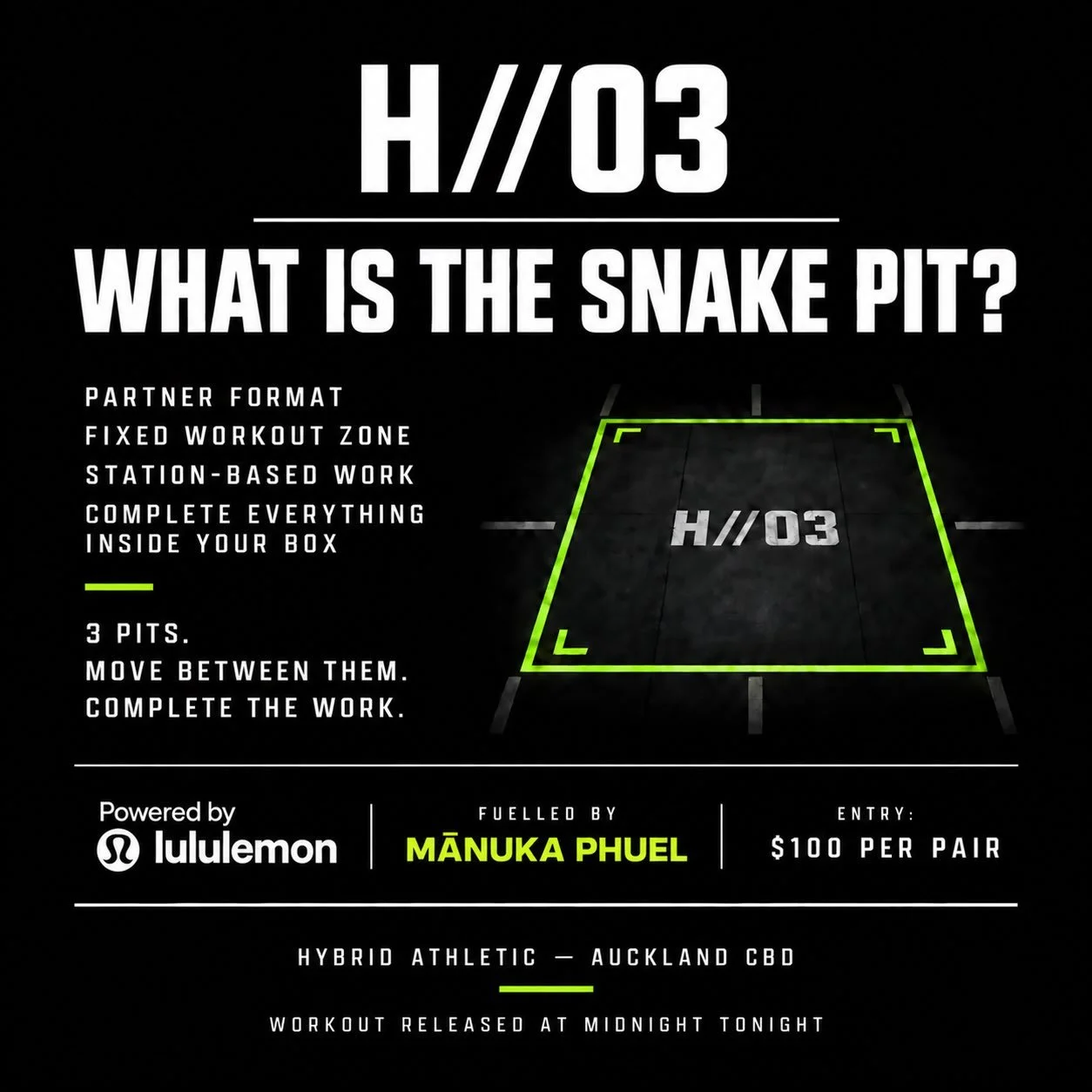 WHAT IS THE SNAKE PIT?

H//03 is the final test in the H// launch series.

This one is built around 3 pits.

You and your partner will move between them, completing the work inside each zone as the workout unfolds.

Station-based work. Partner format