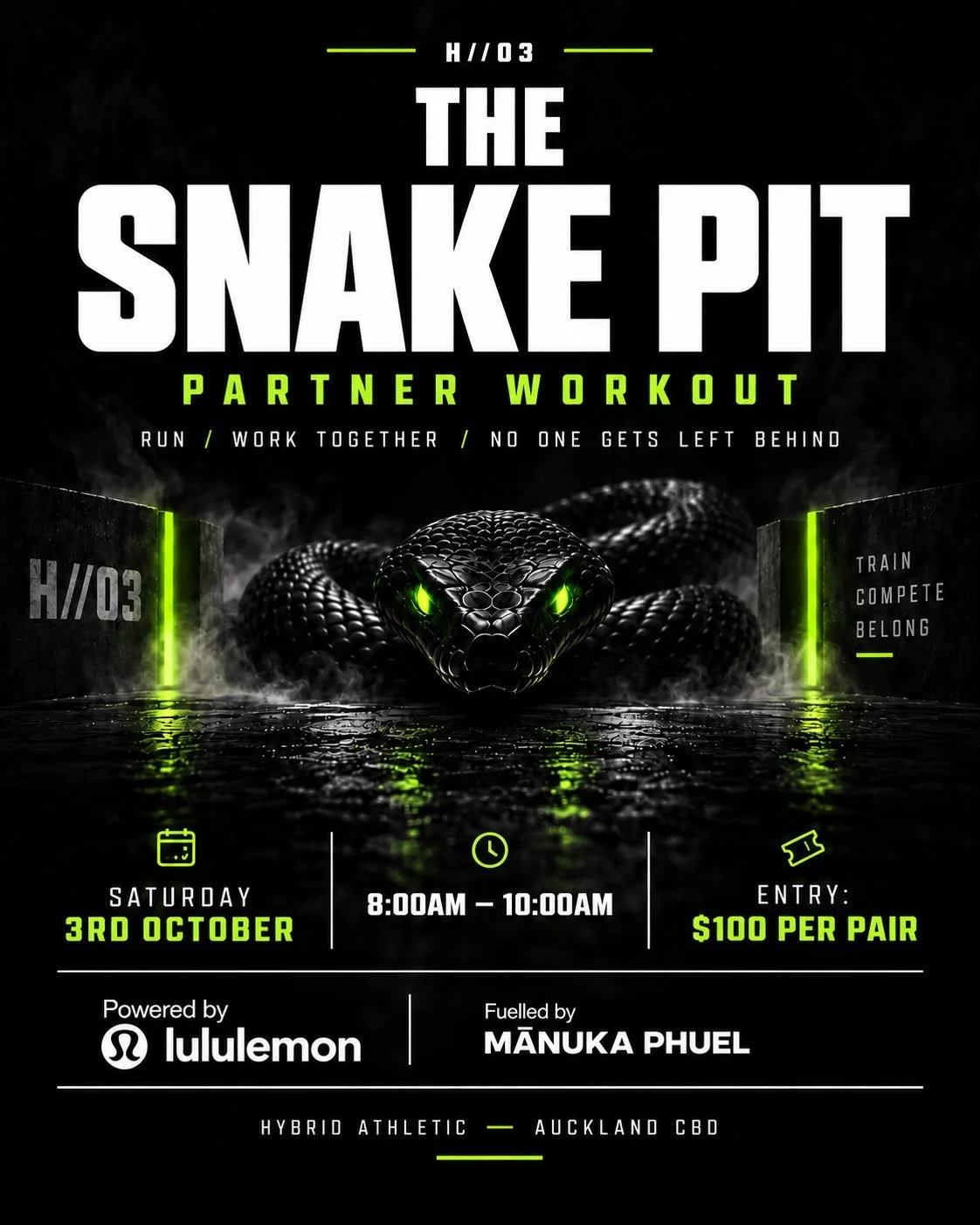 H//03 &mdash; THE SNAKE PIT
Workout is live.
The final test in the H// launch series.
Partner format. 3 pits. Each pit begins with a 1,000m run. Complete the work inside your zone. Move to the next pit. Keep working until the job is done.

PIT 1 &mda