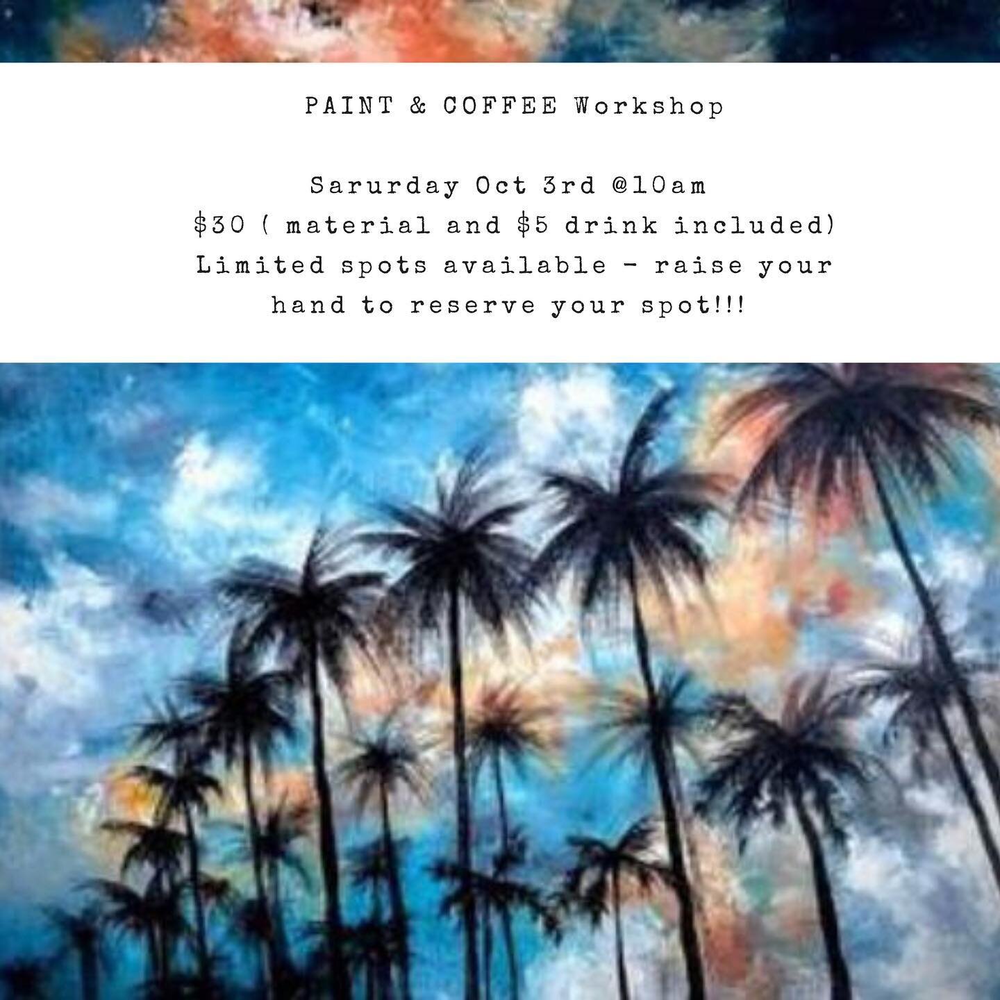 Let&rsquo;s celebrate #nationalcoffeeday with a Paint 🎨 and Coffee ☕️ party 🎉 this up coming Saturday Oct 3rd at 10am. 

Face masks are required during the workshop. 

✨🎨☕️

#artsy #coffeeandpainting☕🎨 #liquidbean #outdooractivity #sarurdaymornin