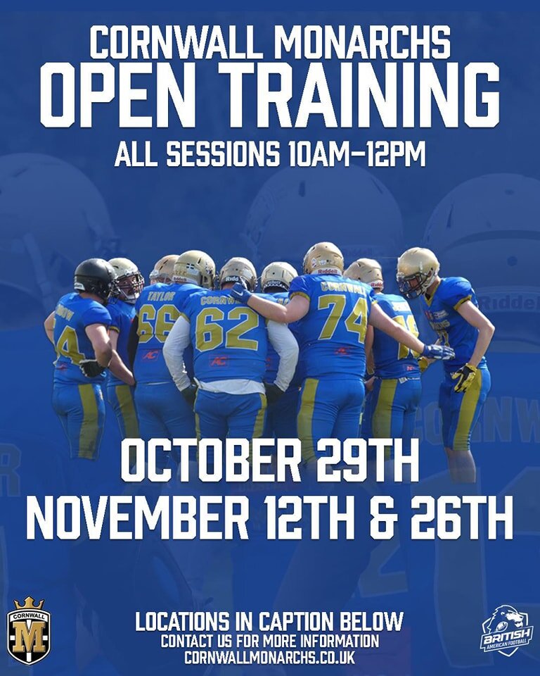 🏈 JOIN THE MONARCHS 🏈

Ever fancied giving American football a go? 

Well here is your chance...

We have three upcoming sessions, which are open to rookies and returners!

Session 1 - October 29th
Location: Perranporth Beach

Come along to Perranp