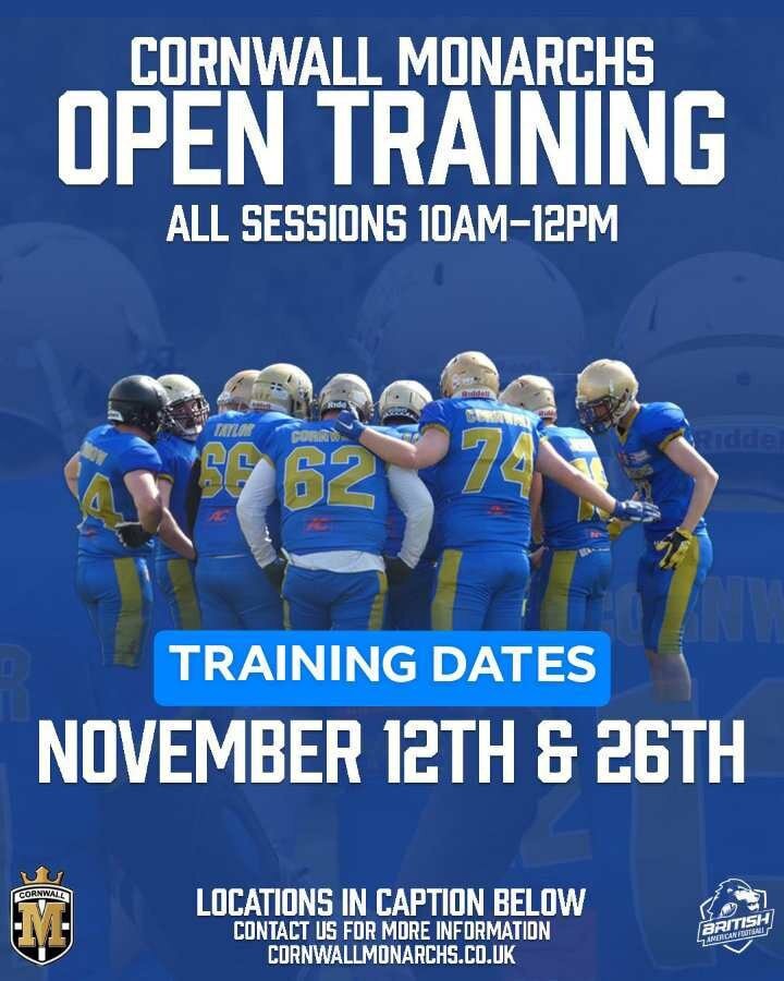 👑 OPEN TRAINING SESSIONS 👑

Our off-season training continues THIS coming Sunday 12th, where we'll be at Illogan Park.

We have two open training sessions in November, that are open to all, no experience necessary! 

These sessions are a great tast