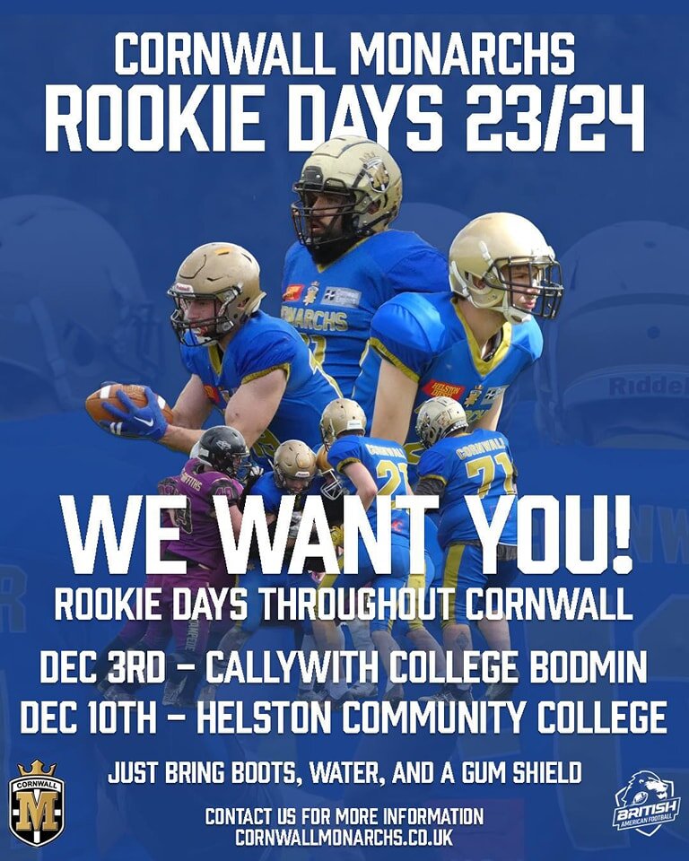 🏈 American Football in Cornwall 🏈

We're pleased to announce the first of our rookie days throughout Cornwall, taking place in December.

Firstly, we travel to Callywith College, Bodmin on 3rd December. 

Then a week later we go south to Helston Co