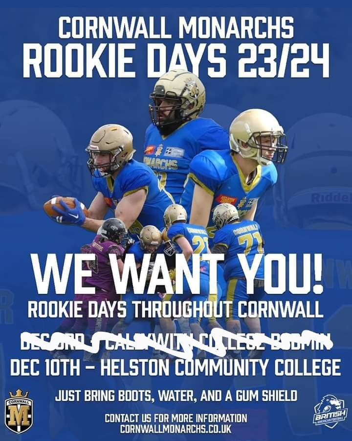 🏈 Rookie Day #2 - Helston 🏈

This Sunday 10th December, we host our last rookie session of the year, in Helston.

Venue: Helston Community College
Time: 10am-12pm

All you need to bring is some boots and water.

Our rookie days are open to ALL, a g