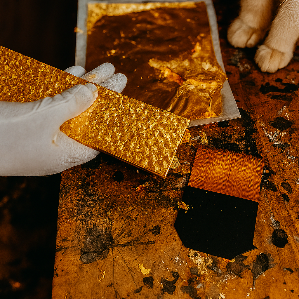 Artisan gold leaf application in progress on a textured steel surface. A white-gloved hand holds a hammered gold sheet beside torn gold leaf on backing paper. A gilding brush with orange bristles and a matte black handle rests on a stained, well-used