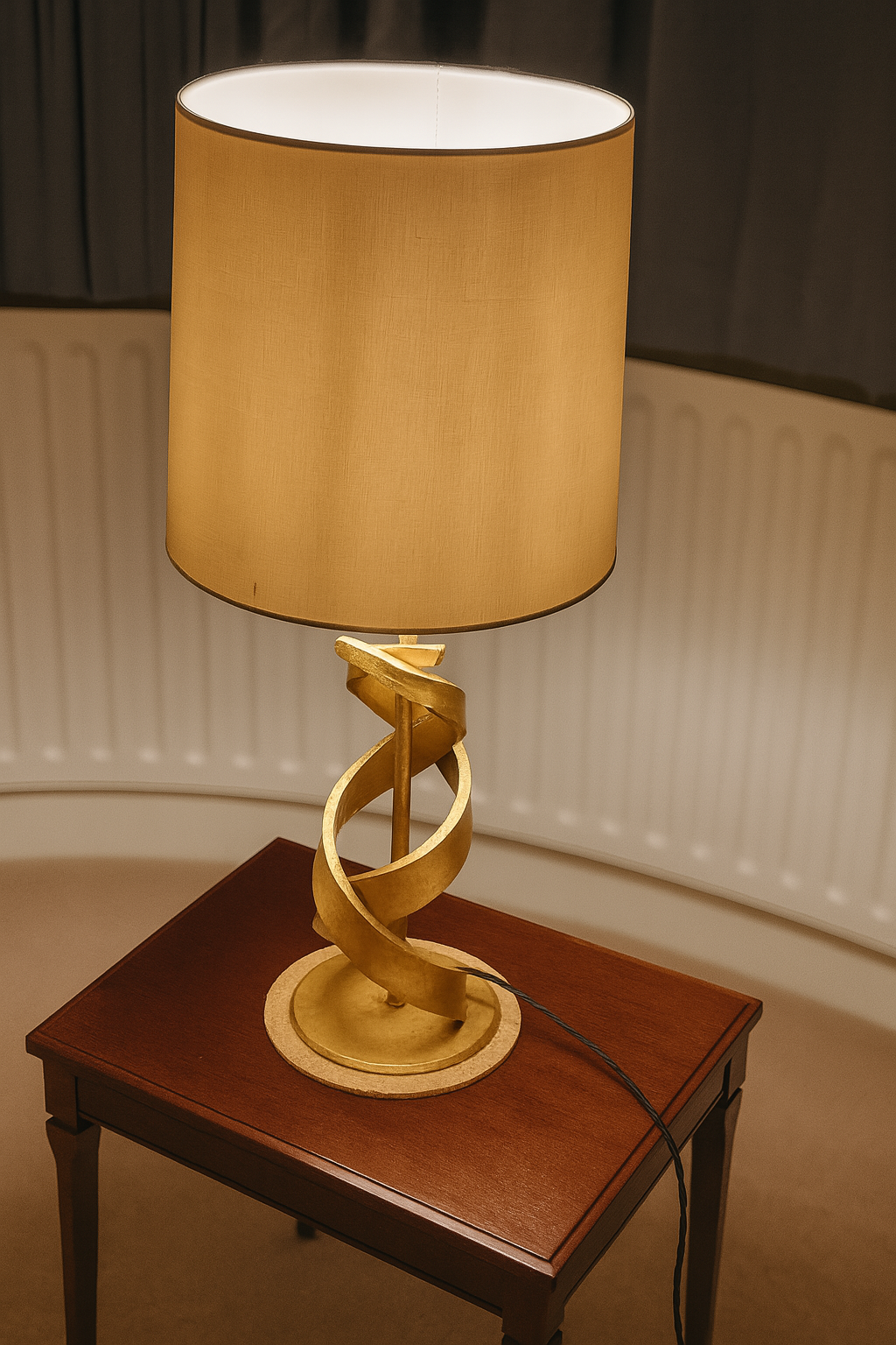 Side view of gold ribbon-style table lamp with beige shade on wood side table, photographed indoors with warm lighting and navy curtains.