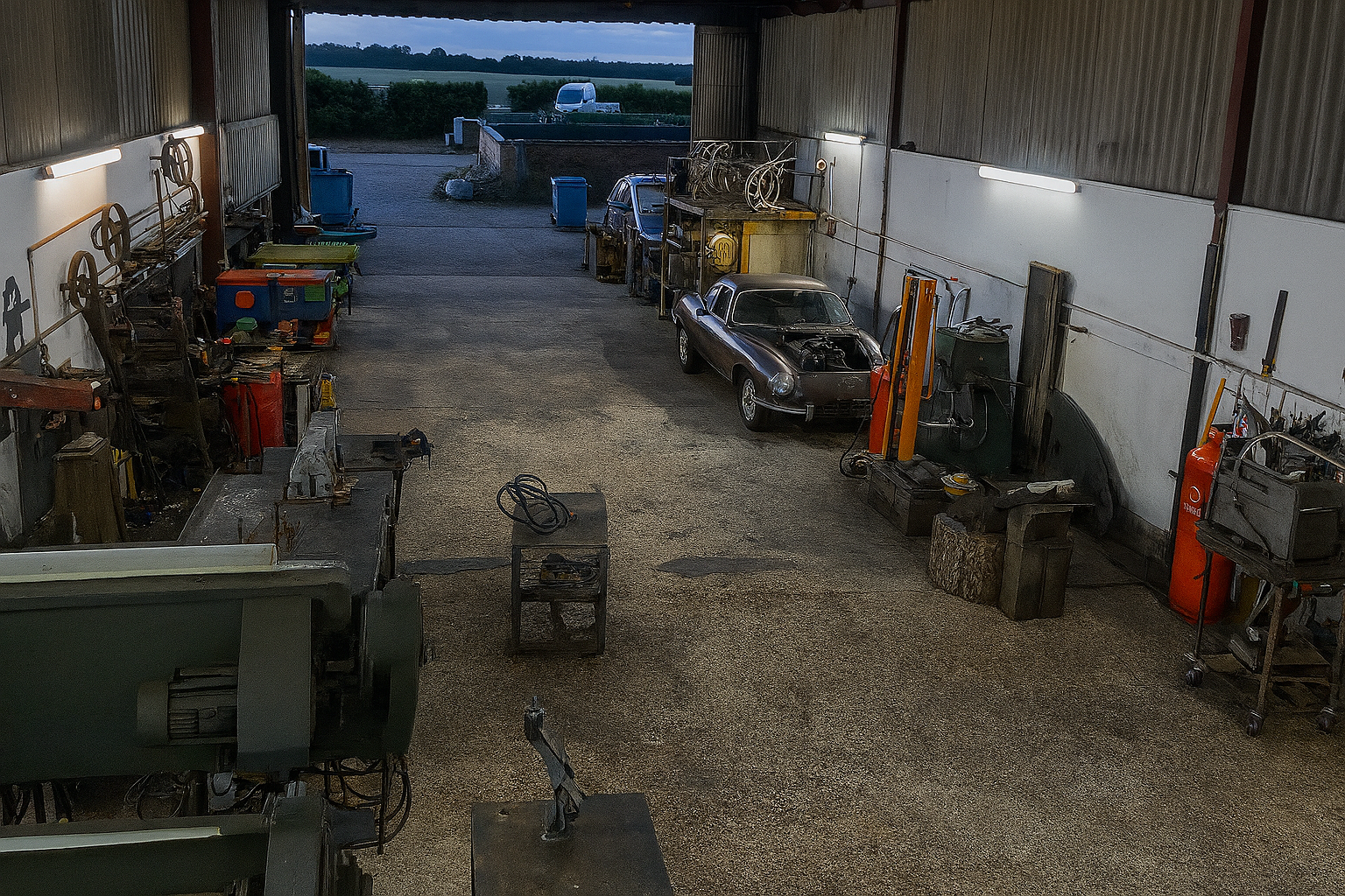 Inside the Oakhanger Metalworks workshop, machinery lines both sides of the space, from grinders and lathes to fabrication benches. A partially restored vintage car adds character to the scene, while the open garage door reveals the rural surrounding