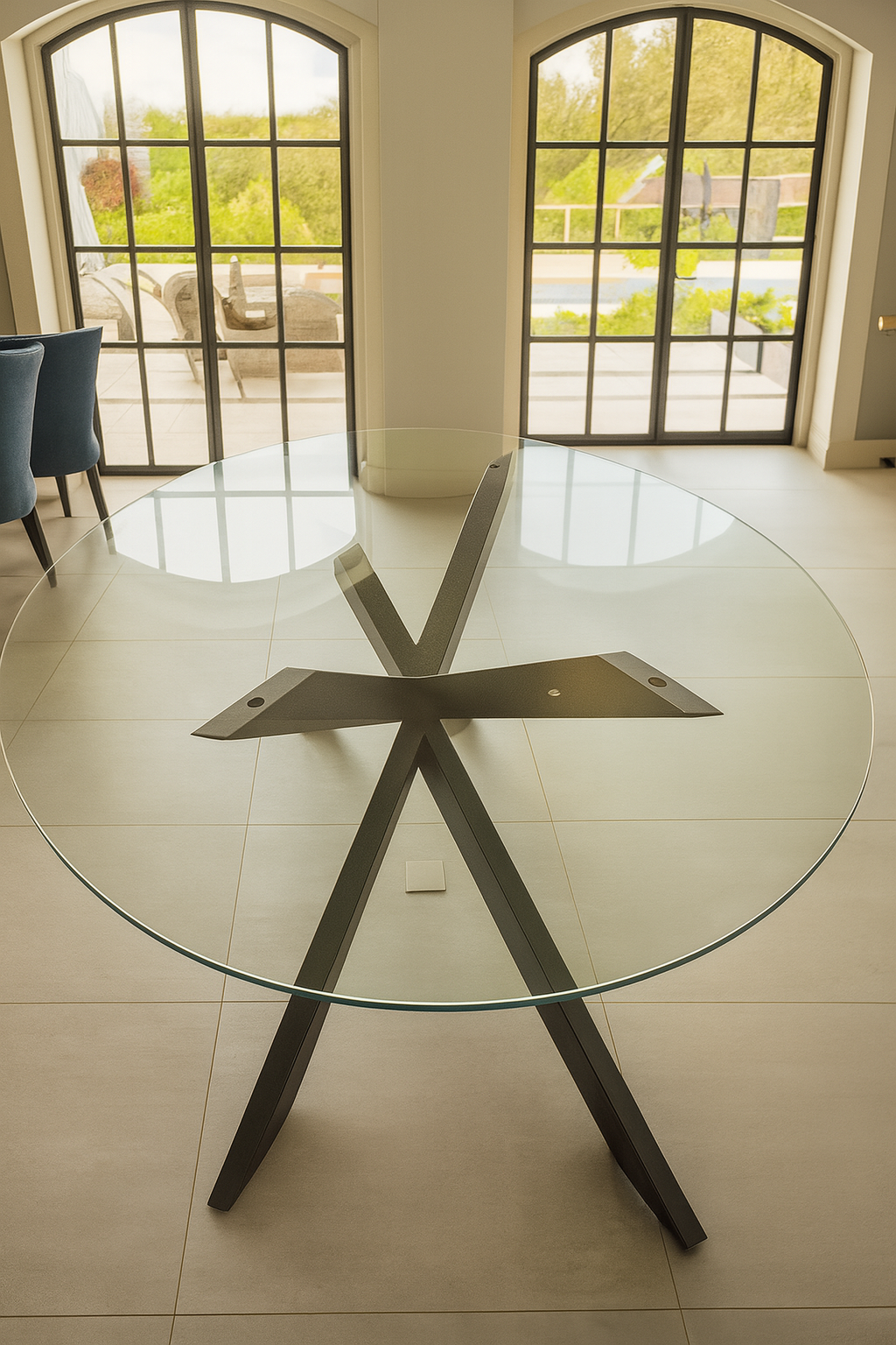 Elegant Round Glass Dining Table with Black Metal Base