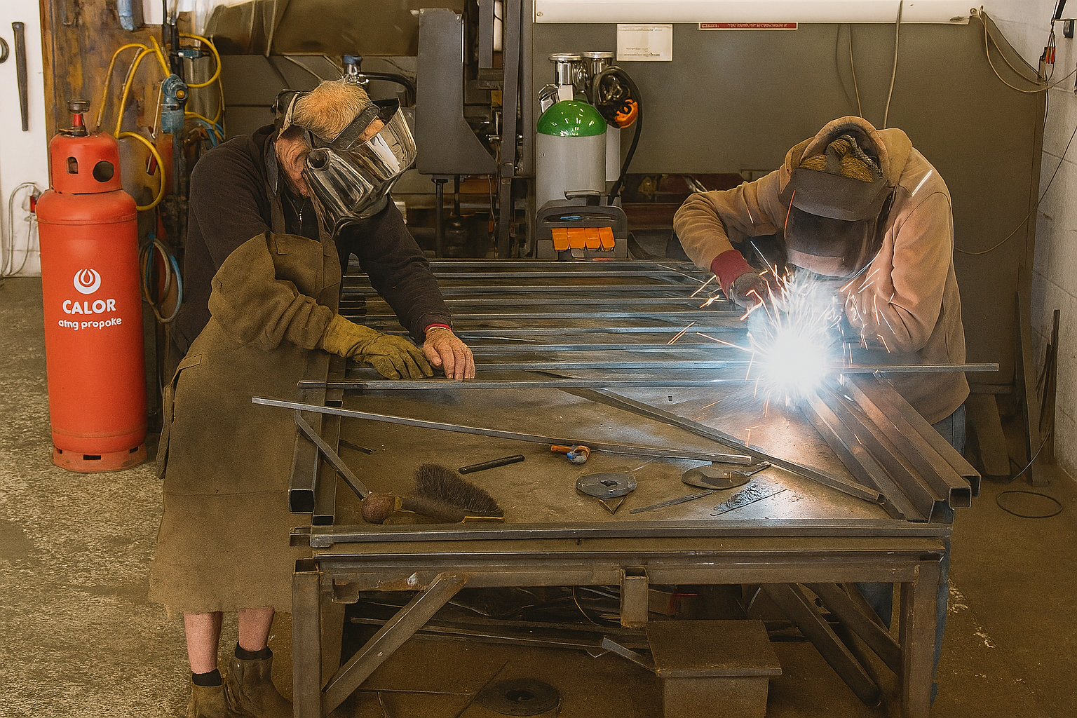 Two welders work together in a metal fabrication workshop. The welder on the left, wearing a striped helmet and brown apron, positions metal bars on a large steel worktable. The welder on the right, in a hooded sweatshirt and dark helmet, actively we