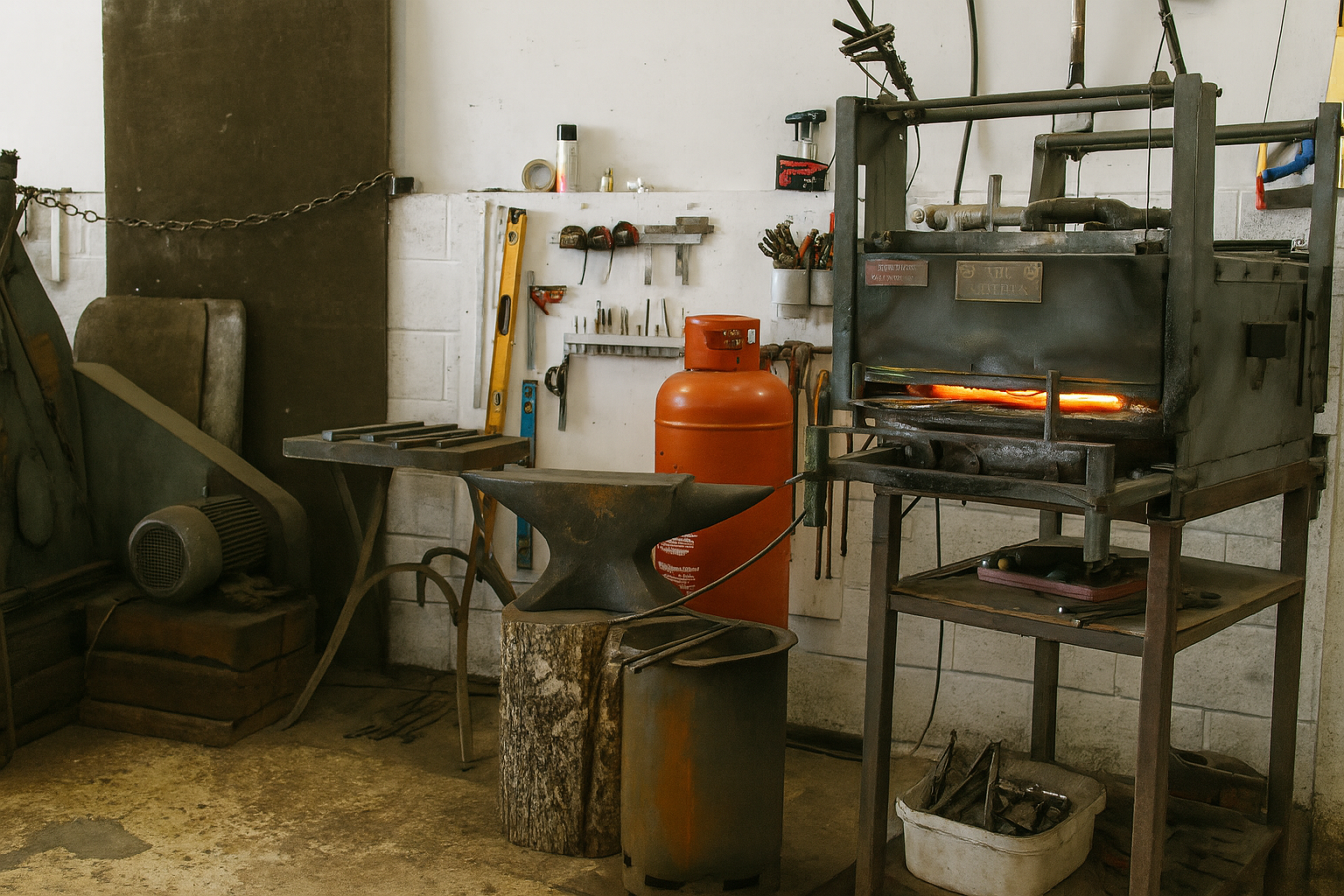 A view inside the Oakhanger Metalworks forge, featuring a glowing hearth, an anvil mounted on a tree stump, and a wall of hand tools ready for use. The space reflects a working studio where steel is shaped.