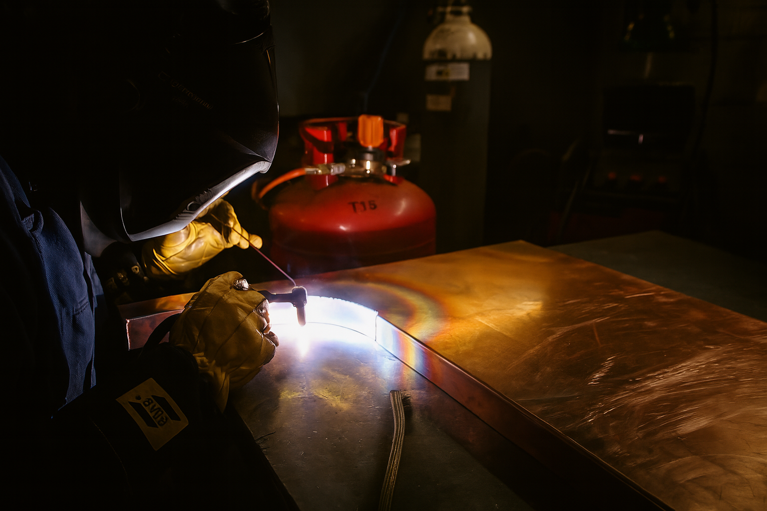 A skilled metalworker carries out TIG welding on a steel surface, surrounded by workshop equipment and gas cylinders. The bright arc and heat-affected zone showcase the precision and control involved in this fabrication stage.
