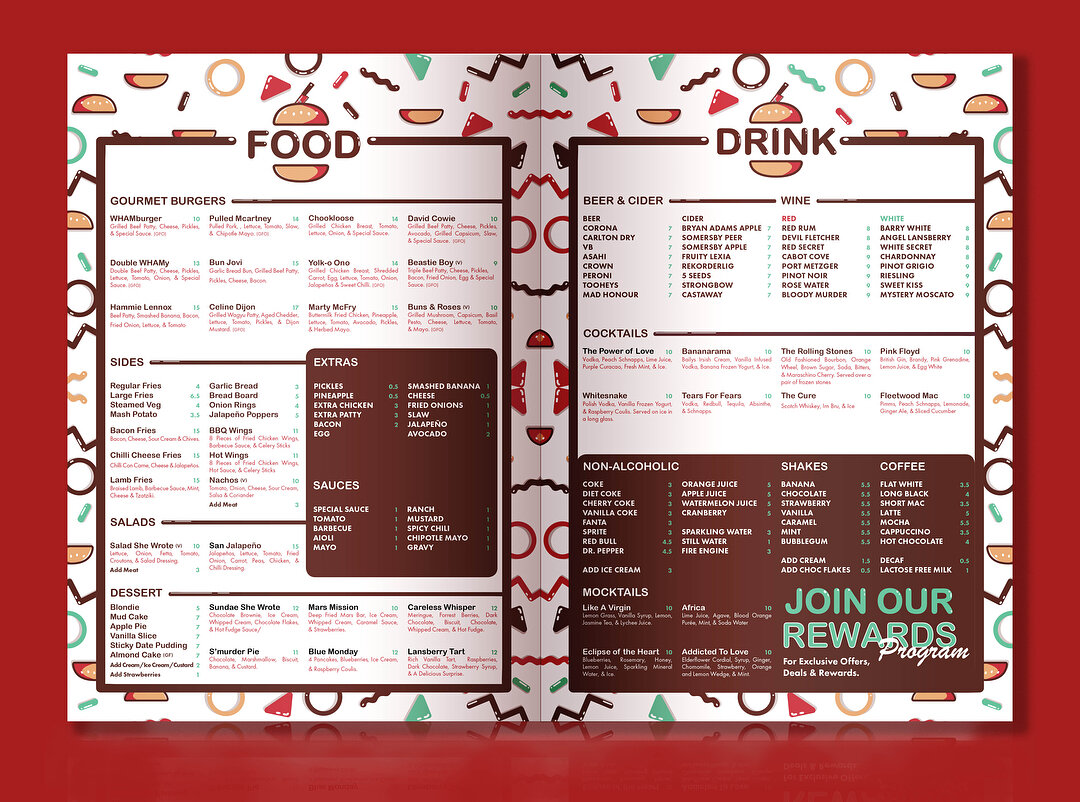 Menu Design for Burger She Wrote. Who wants a Celine Dijon? 🕺🏼🍔