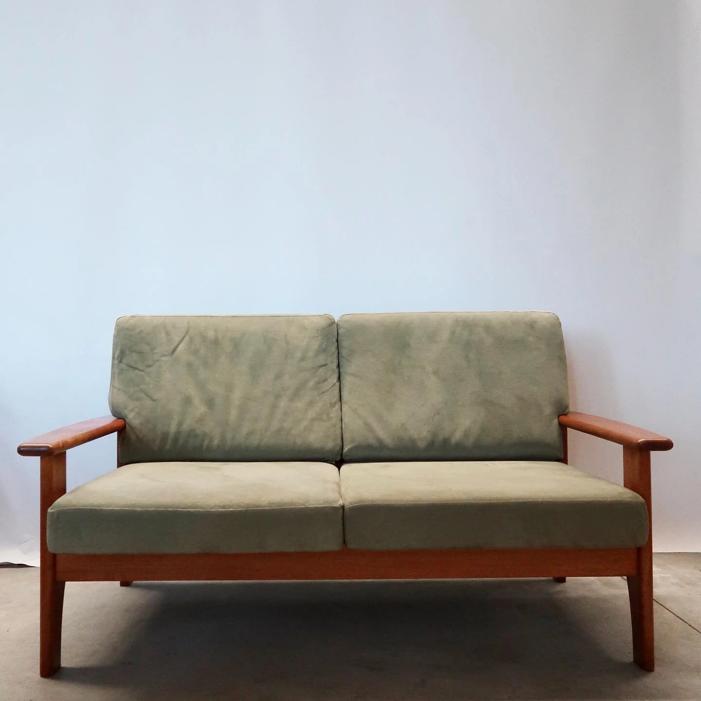Mid Century Sofa Made in Denmark.  Solid Teak Frame and Suede fabric upholstery. Sourced directly from Europe. DM for details 💥💥💥 2 x Matching Armchairs available