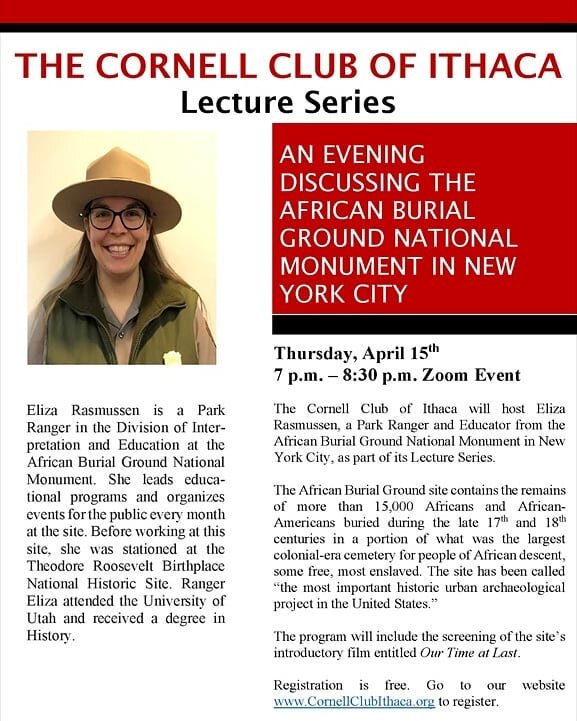 We're excited for our next Lecture Series FREE zoom session on the African Burial Ground site&nbsp;in NYC 🗽 Register at our website at CornellClubIthaca.org
April 15th | 7pm #cornellalumni #lectureseries #freeeducation @africanburialground
