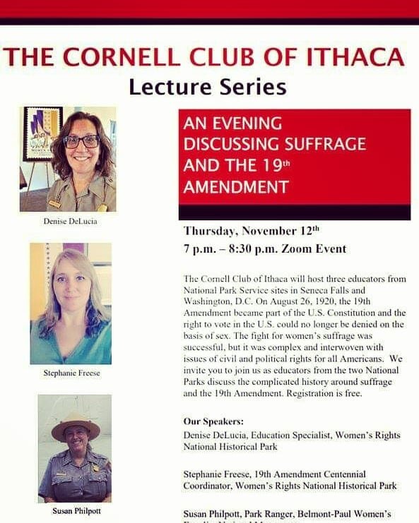 Catch up on Cornell Club of Ithaca news for November 2020!
.
.
.
Don't miss next Thursday's Lecture Series at 7pm via Zoom (FREE):
&quot;An Evening Discussing Suffrage and the 19th Amendment&quot; with educators from the Women's Rights National Histo