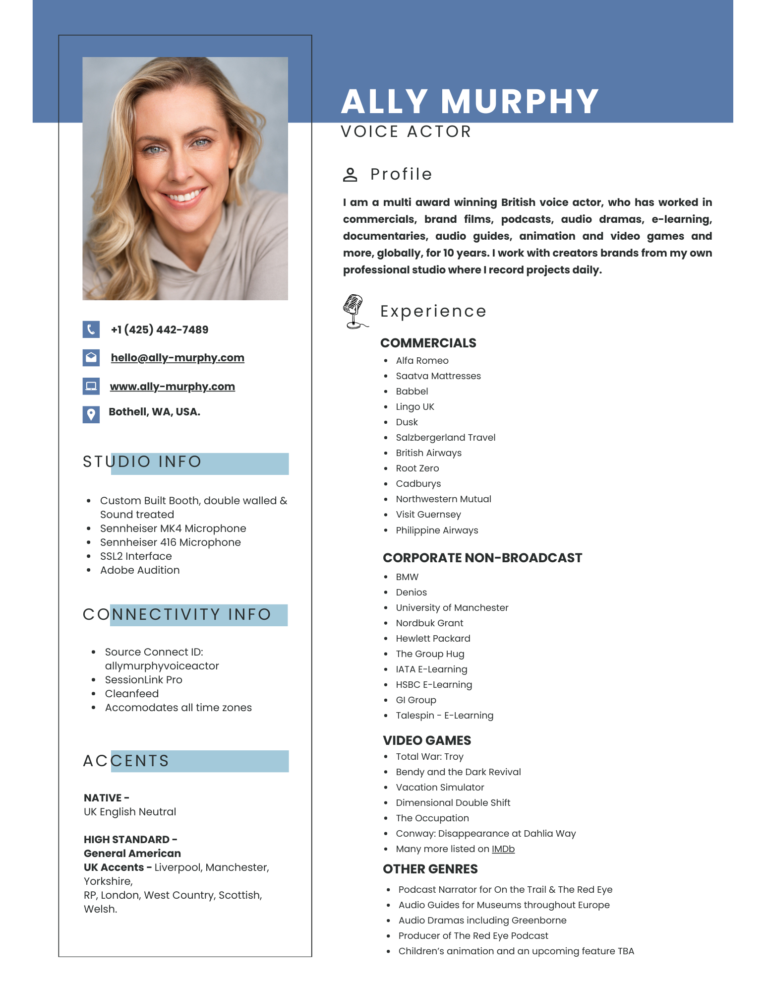 The resume of voice actor Ally Murphy