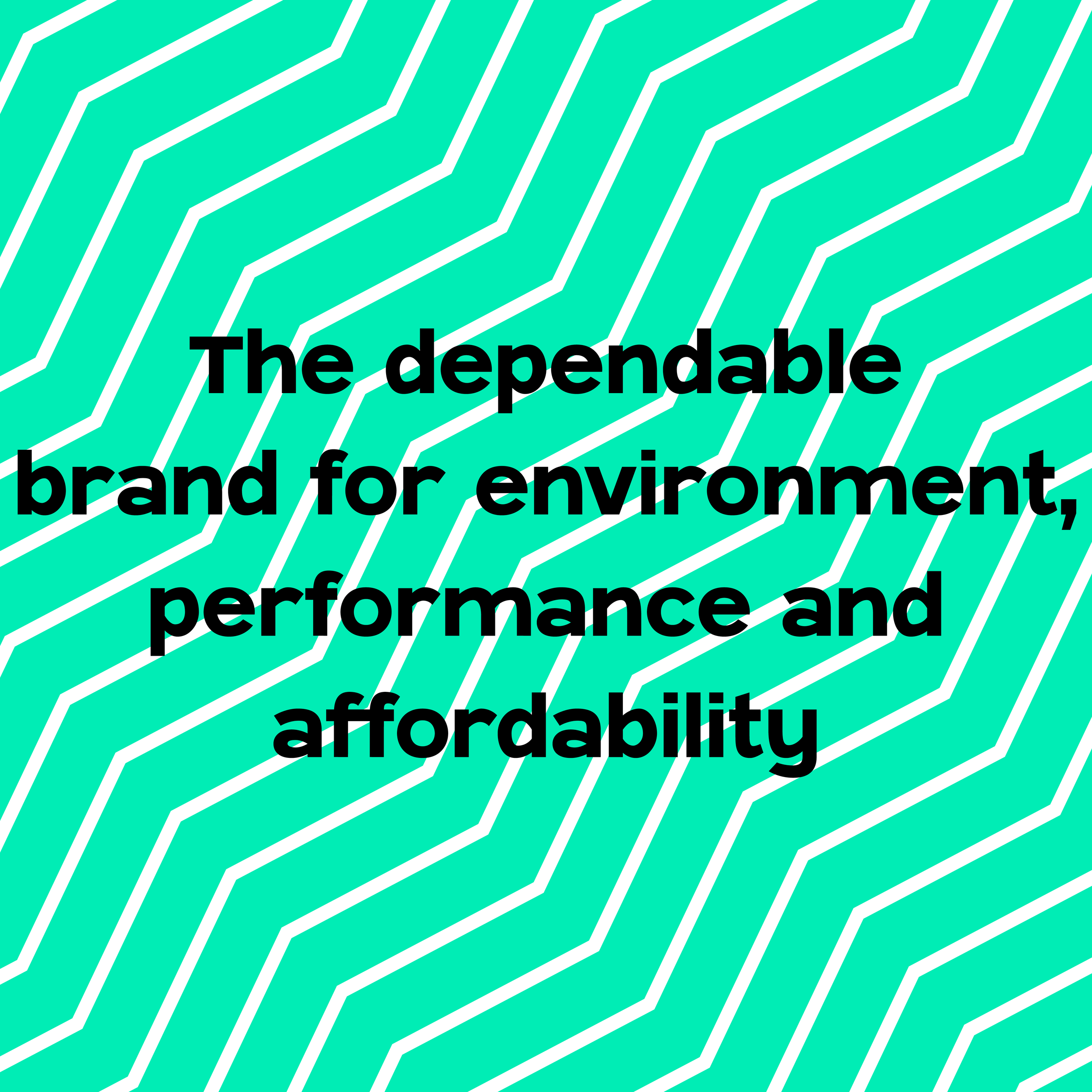 Text overlay reading 'The dependable brand for environment, performance and affordability' on a teal background with white geometric lines.
