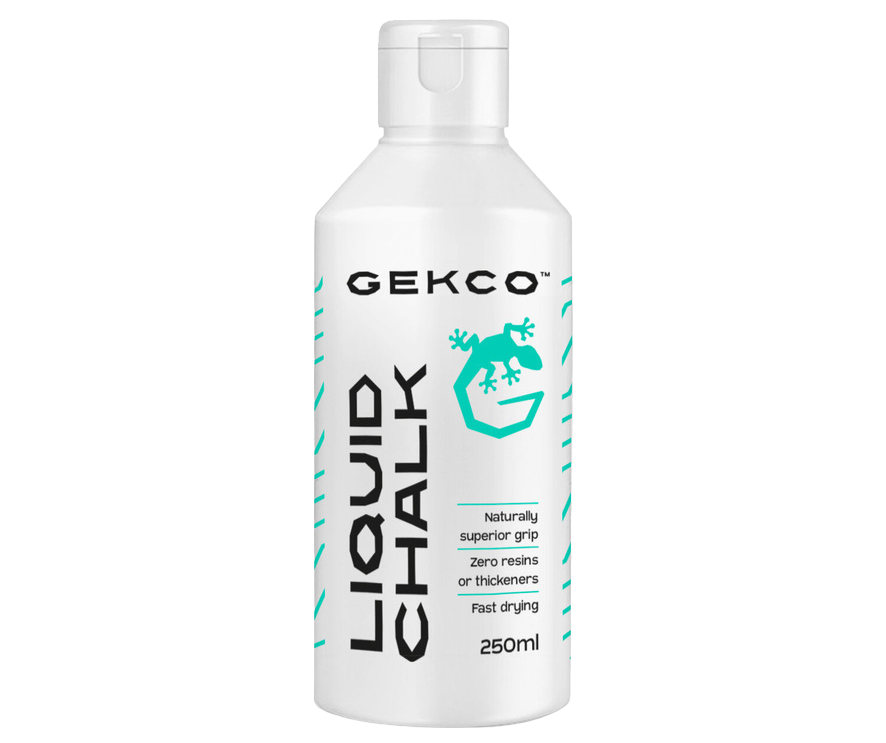 A bottle of GEKCO liquid chalk - naturally superior grip.