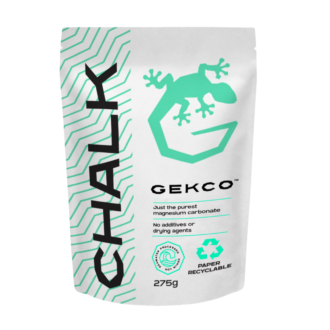 A fully recyclable paper bag of GEKCO loose chalk with black, white and green.