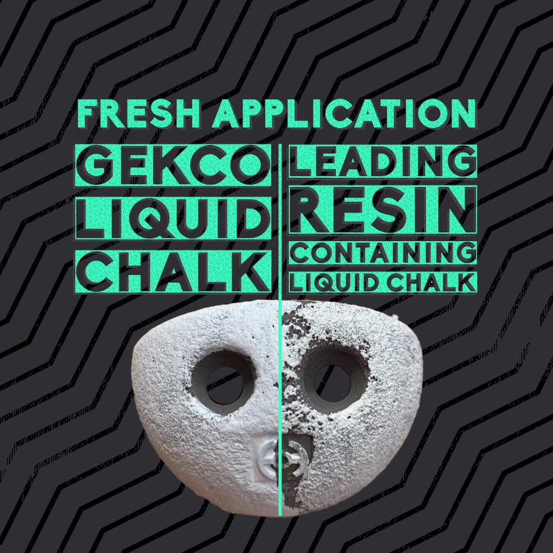 An image of a small CORE climbing hold with two types of liquid chalk applied to it. Left side is GEKCO resin-free liquid chalk, right side is leading resin-containing liquid chalk.