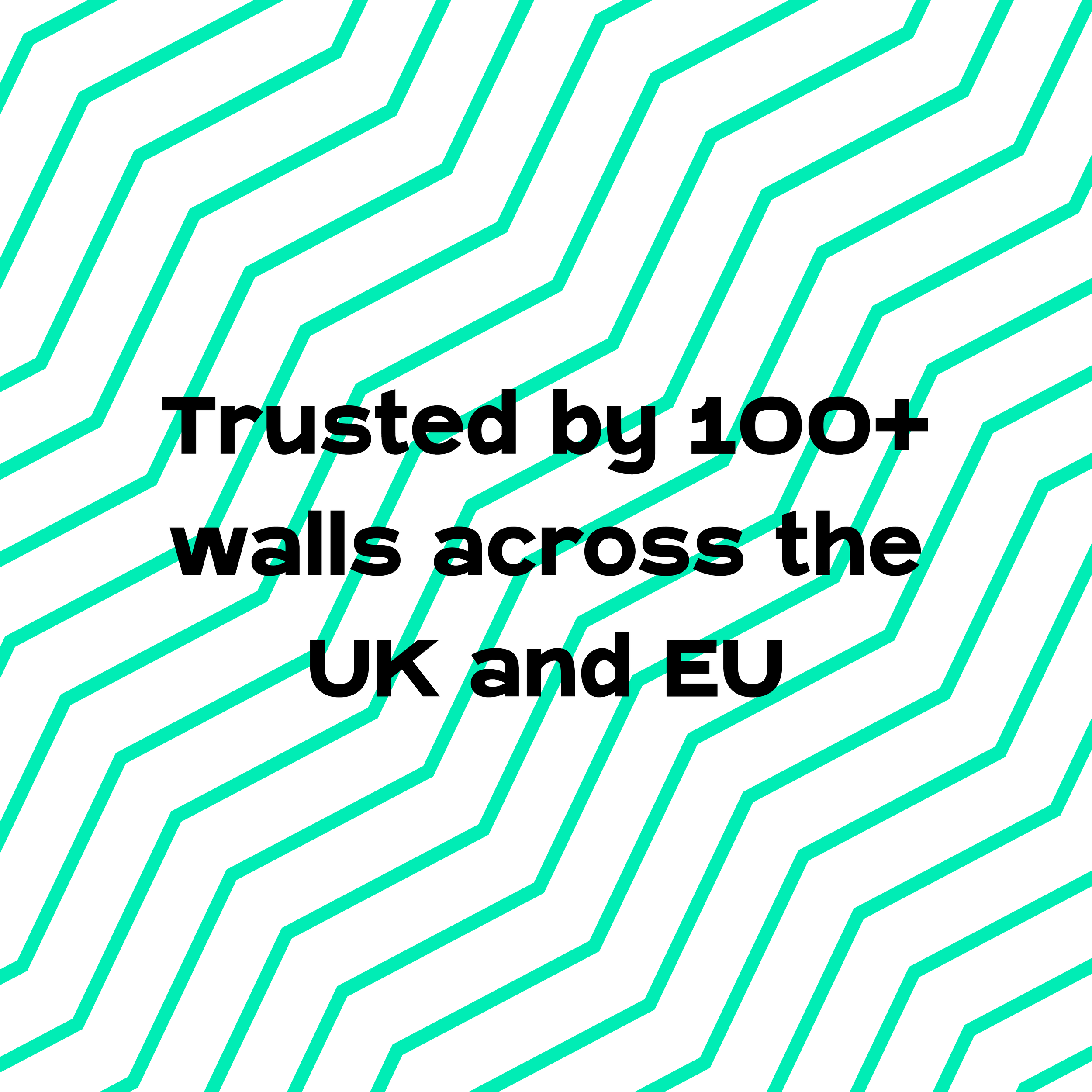 A digital graphic featuring a black background with neon blue-line hexagonal pattern. Overlaid text reads: "Trusted by 100+ walls across the UK and EU."