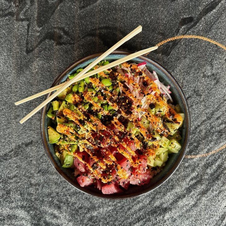Dive into the flavor waves with our Entree of the Month: the Tuna Poke Bowl! 

It's a mouthwatering tsunami of freshness that'll make your taste buds do the hula, featuring Yellow Fin Tuna, edamame, avocado, radish, cucumber, sushi rice, soy sauce, d